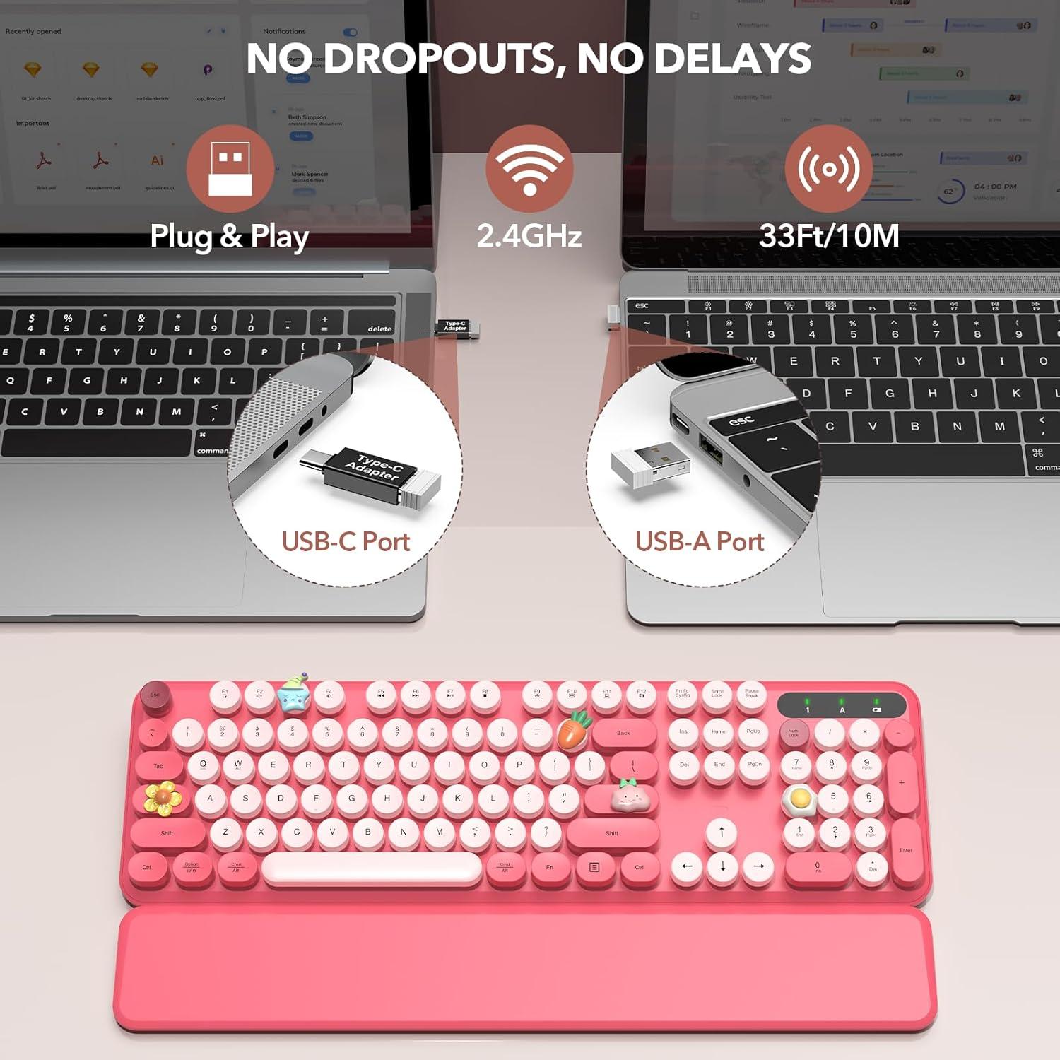Teclado Inalámbrico Retro SABLUTE Rosa con Reposamuñecas