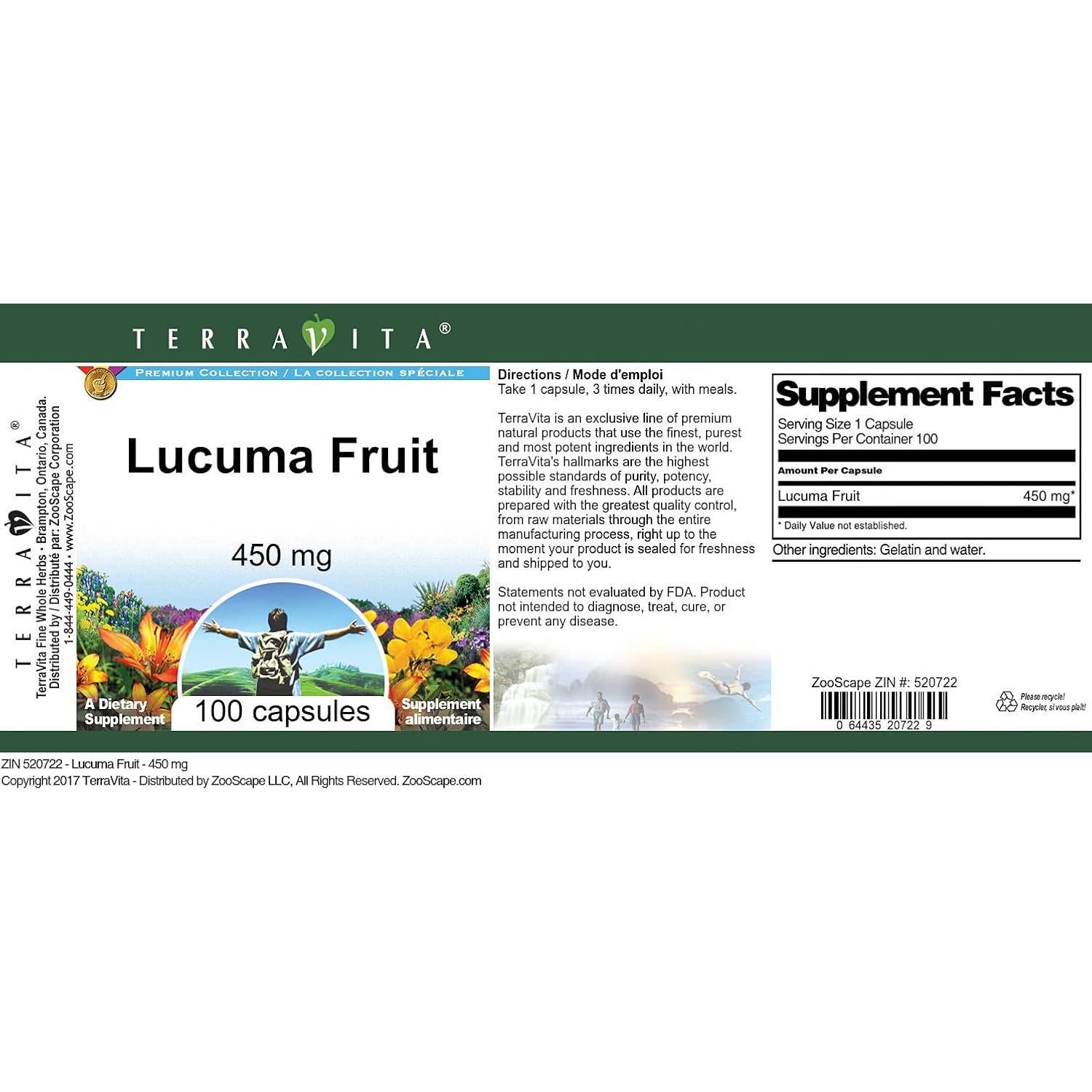 Cápsulas de Fruta de Lucuma TerraVita 450 mg - 100 Unidades