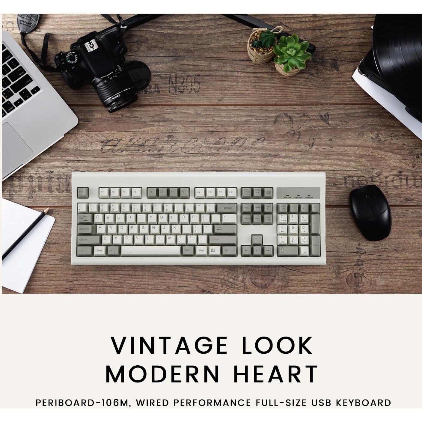 Perixx PERIBOARD-106M, Wired Performance Full-Size USB Keyboard, Curved Ergonomic Keys, Classic Retro Gray/White Color, US English Layout