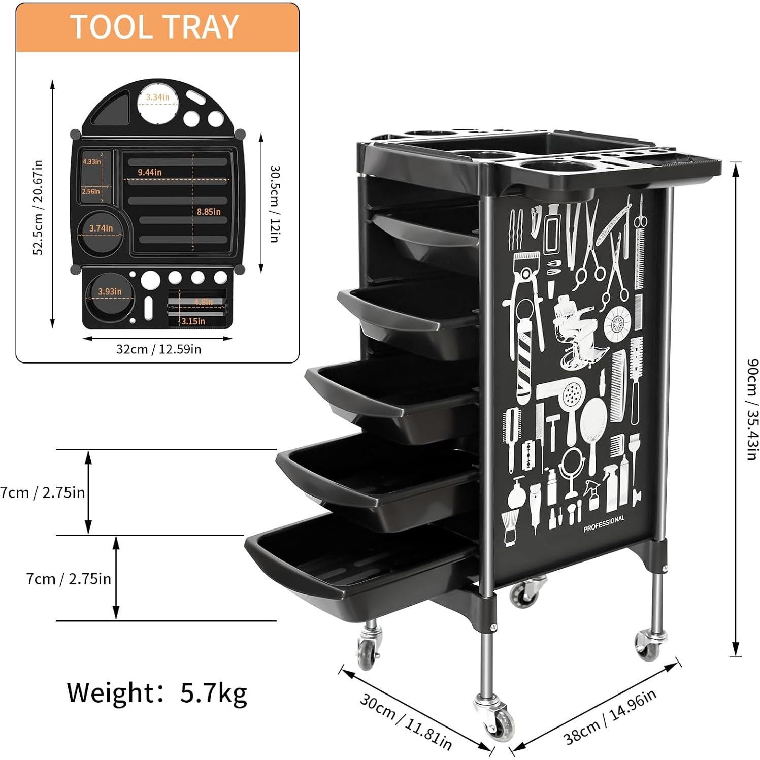 Carro de salón BARBERPLAN negro 5 cajones con ruedas