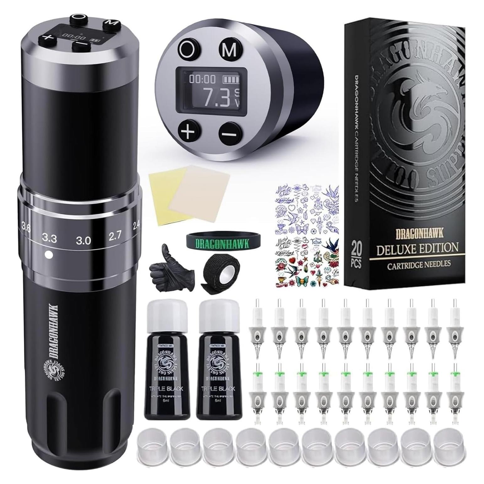 Kit de Tatuaje Inalámbrico Dragonhawk con 2 Baterías y Agujas