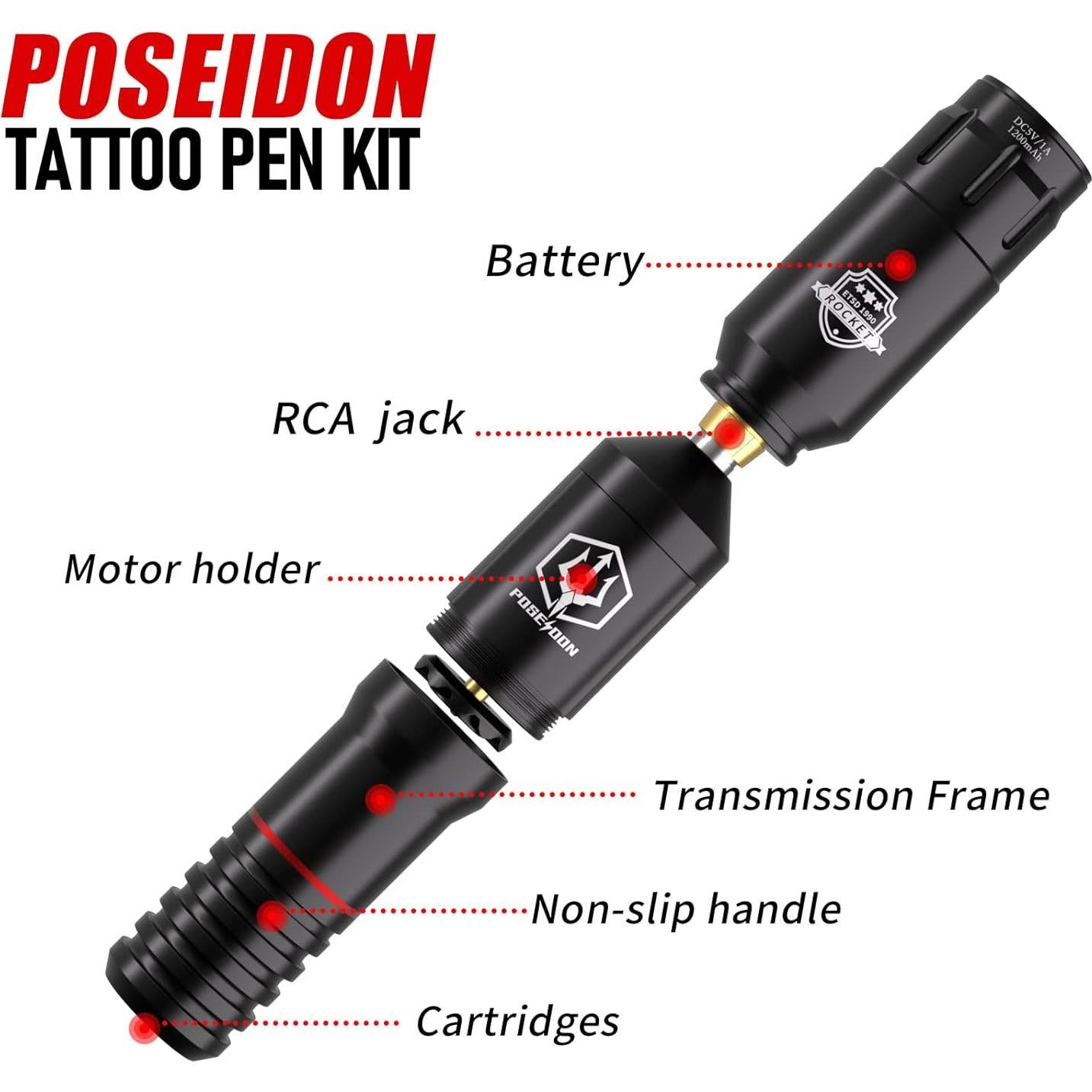Kit de Tatuaje Inalámbrico POSEIDON con 40 Agujas y Batería