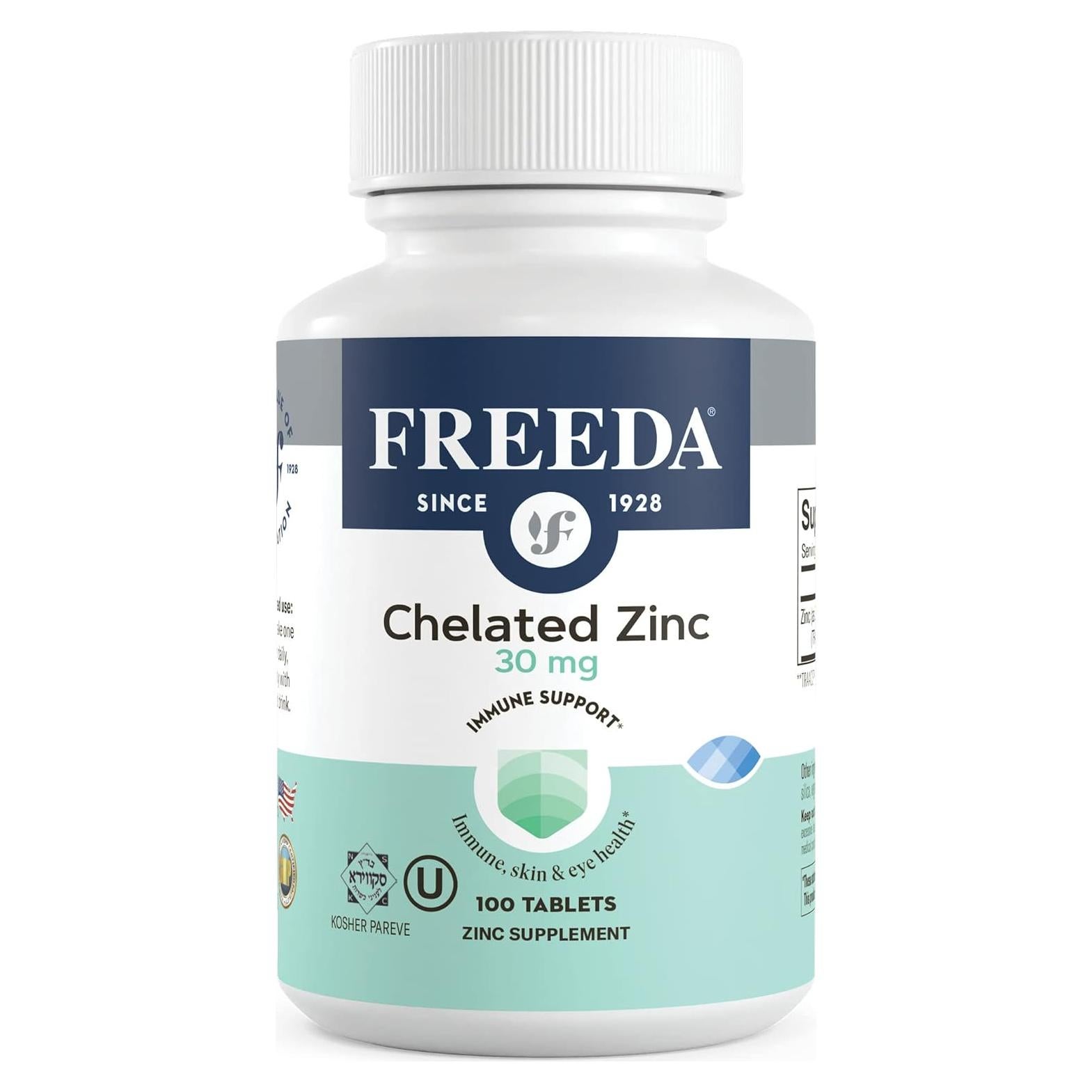 Freeda Zinc Quelado 30mg - Bisglicinato de Zinc Vegano - 100 Tabletas
