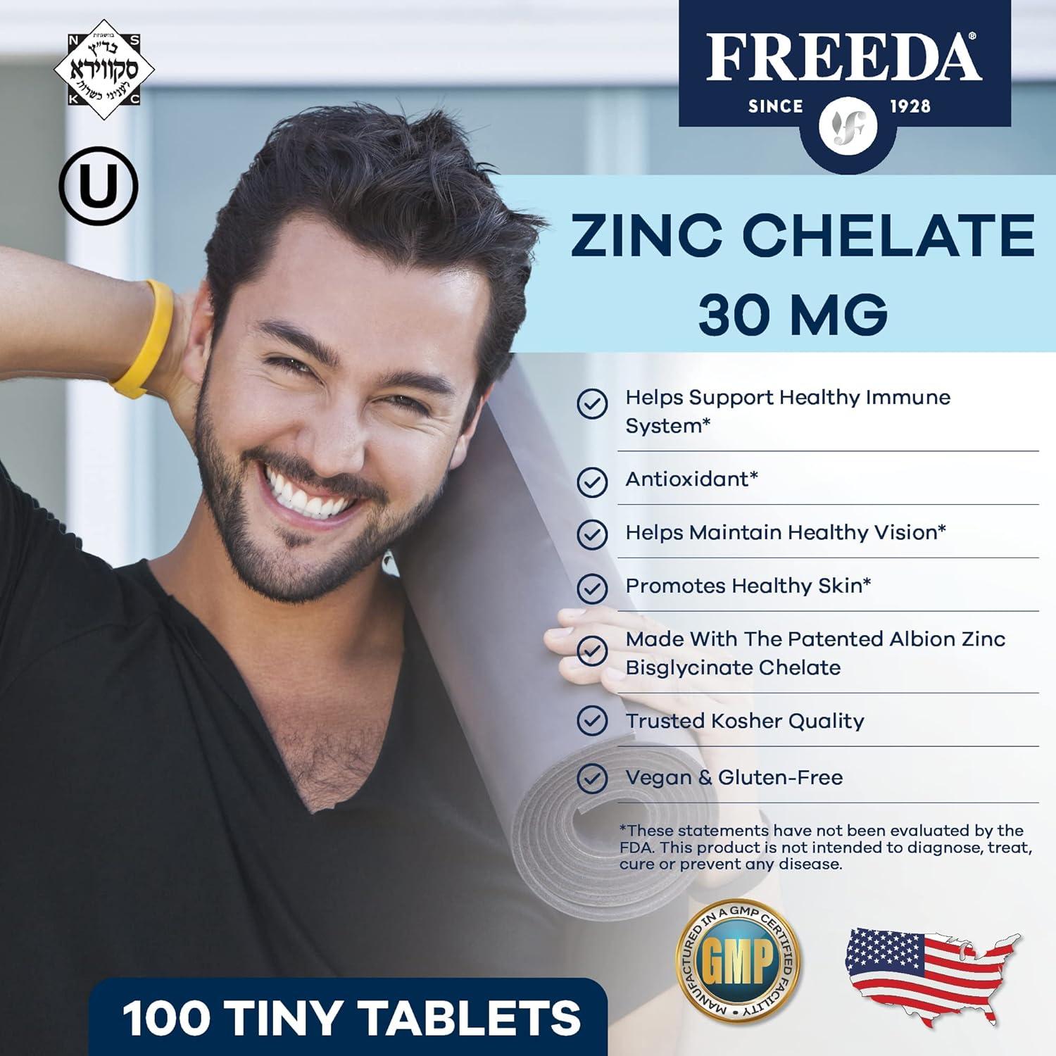 Freeda Zinc Quelado 30mg - Bisglicinato de Zinc Vegano - 100 Tabletas