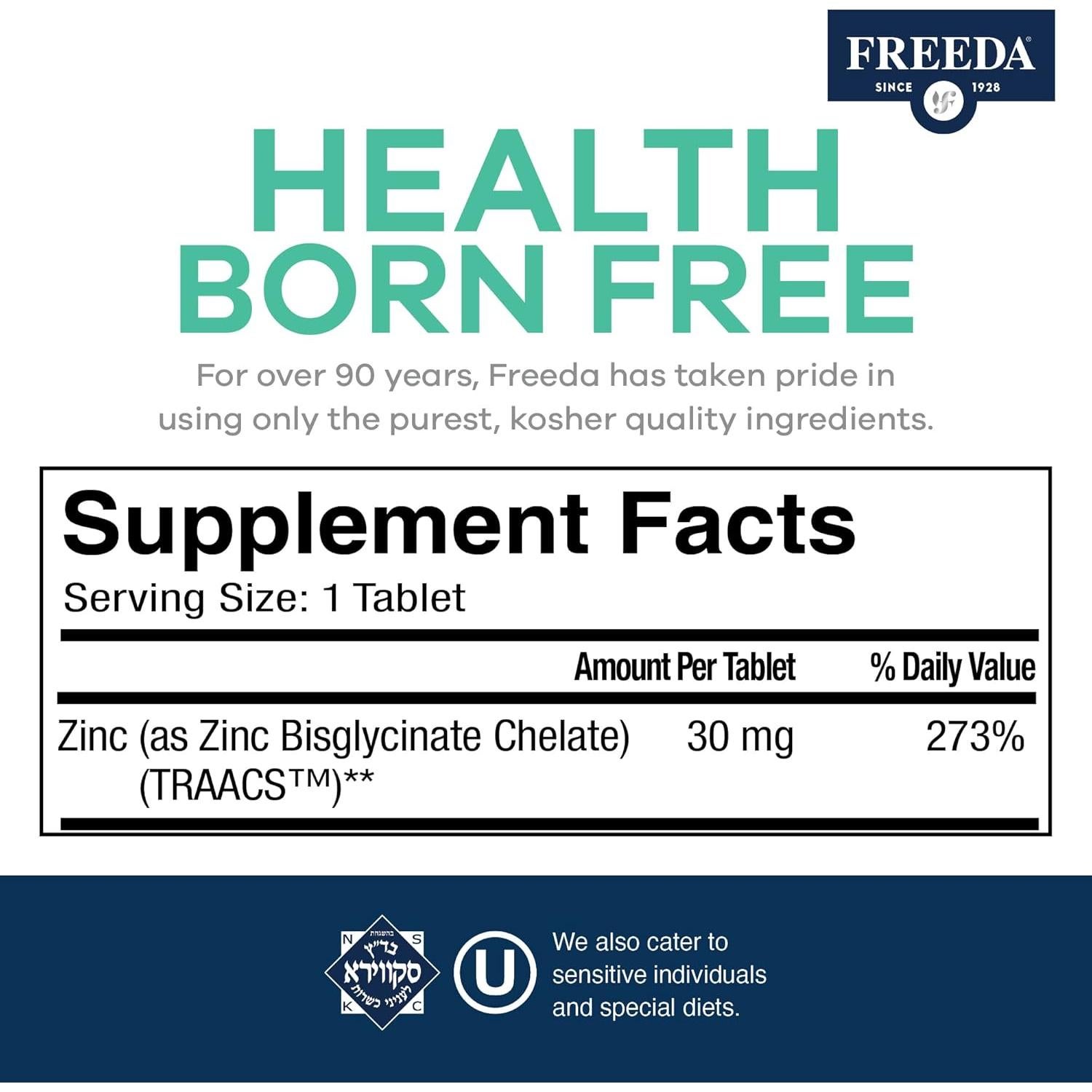 Freeda Zinc Quelado 30mg - Bisglicinato de Zinc Vegano - 100 Tabletas