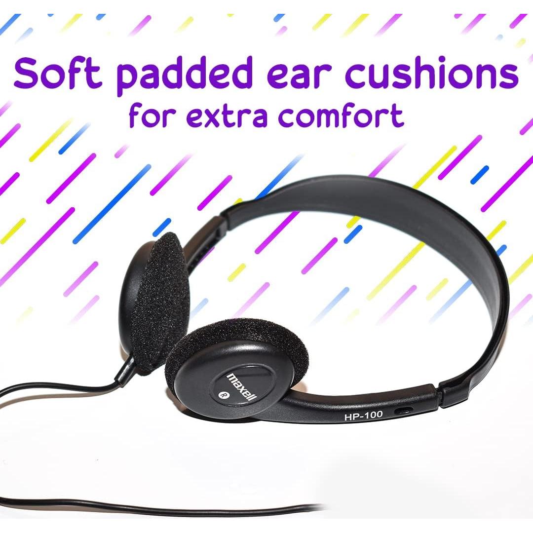 Maxell - 190319 Stereo Headphones - 3.5mm Cord with 6-Foot Length - Soft Padded Ear Cushions, Adjustable Headband for Comfort - Sleek, Lightweight, Wired for Reliable Connection – Black
