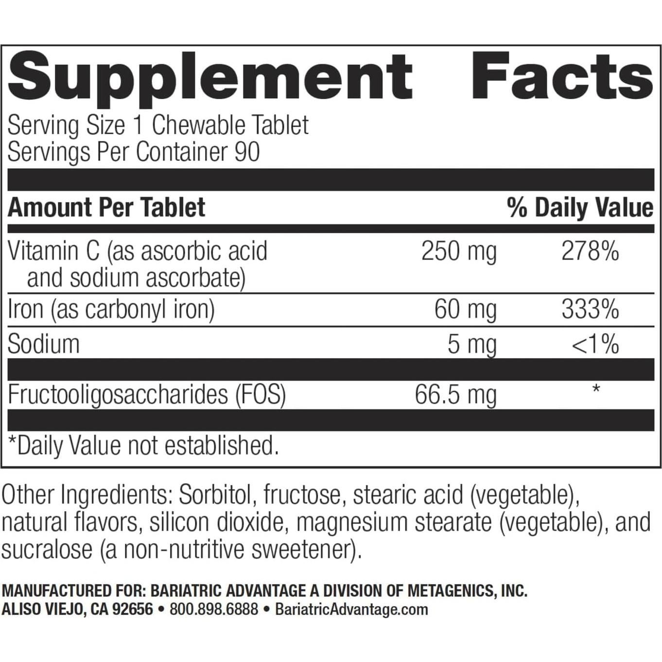 Suplemento de Hierro Masticable Ventaja Bariátrica 60 mg con Vitamina C - 90 Tabletas