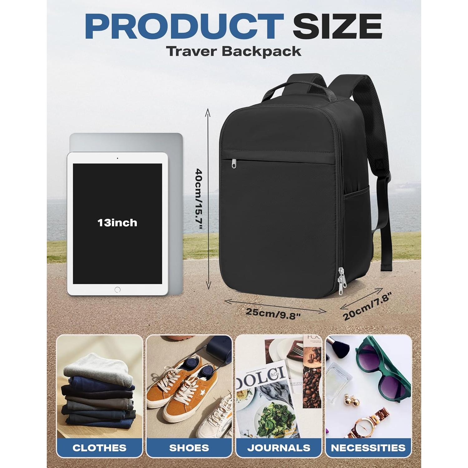 Mochila de viaje WEPLAN 20L negra 40x20x25cm aprobada aerolíneas