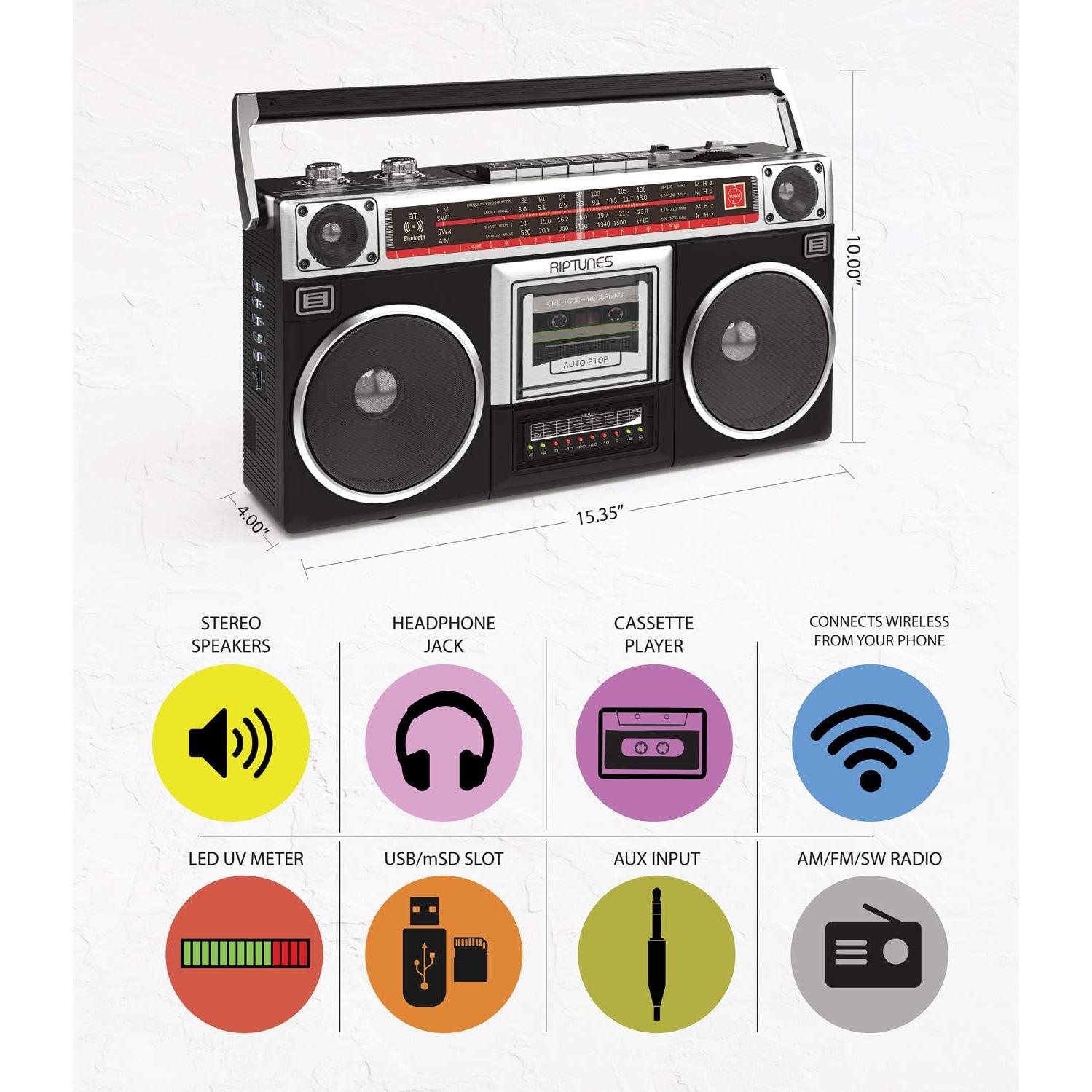 Riptunes Boombox Retro RACR-510BT Bluetooth y Cassette
