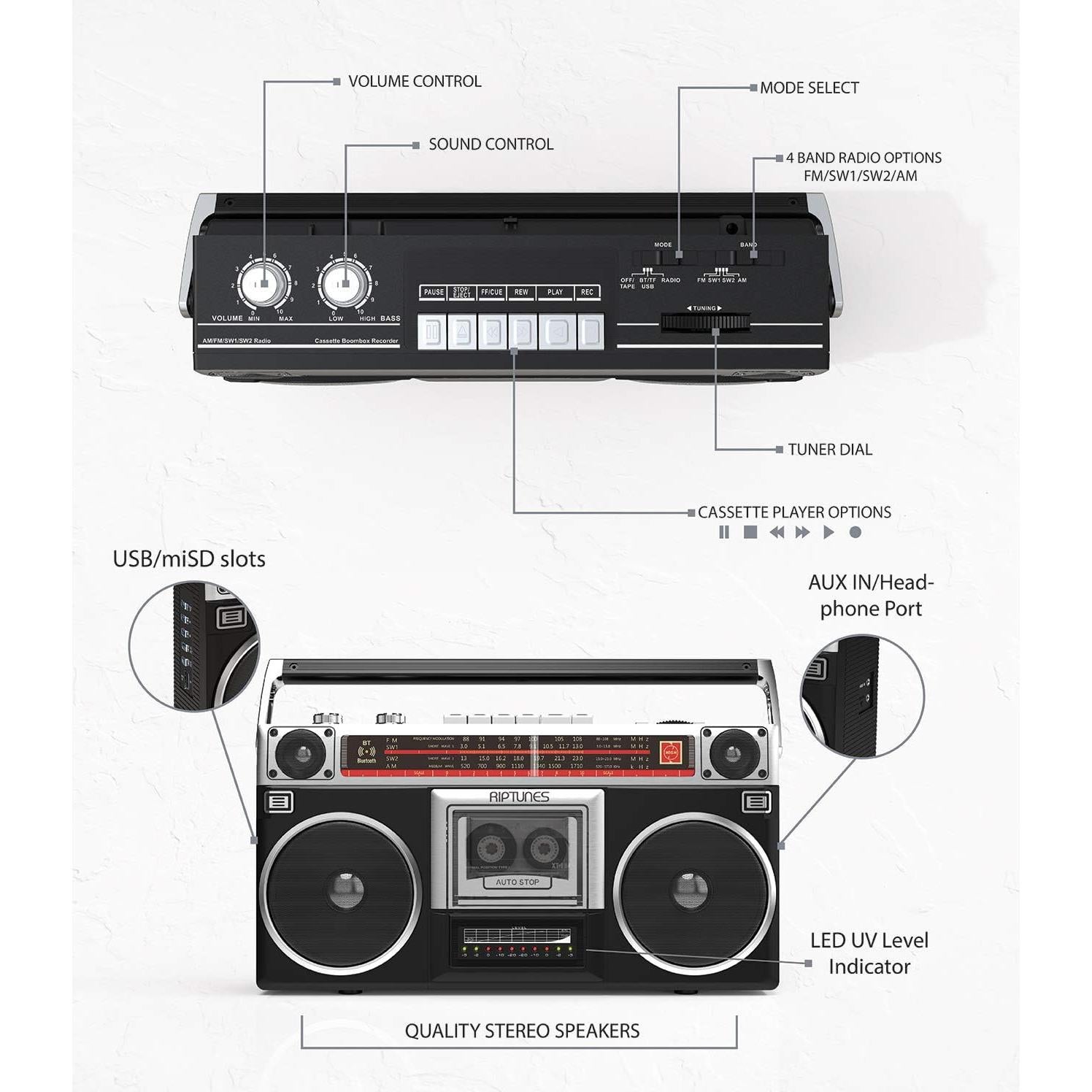 Riptunes Boombox Retro RACR-510BT Bluetooth y Cassette