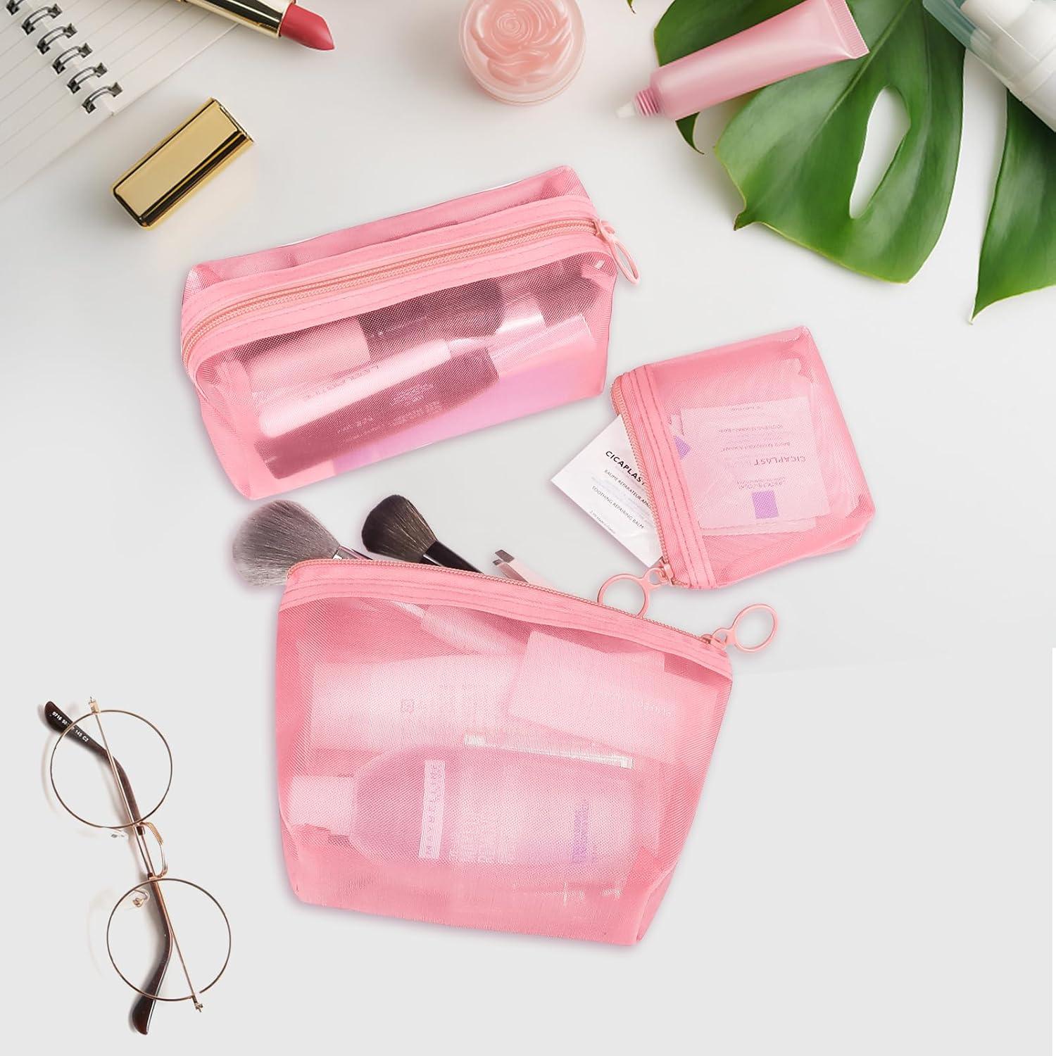 Conjunto de 3 Bolsas Cosméticas Aosbos - Malla Rosa