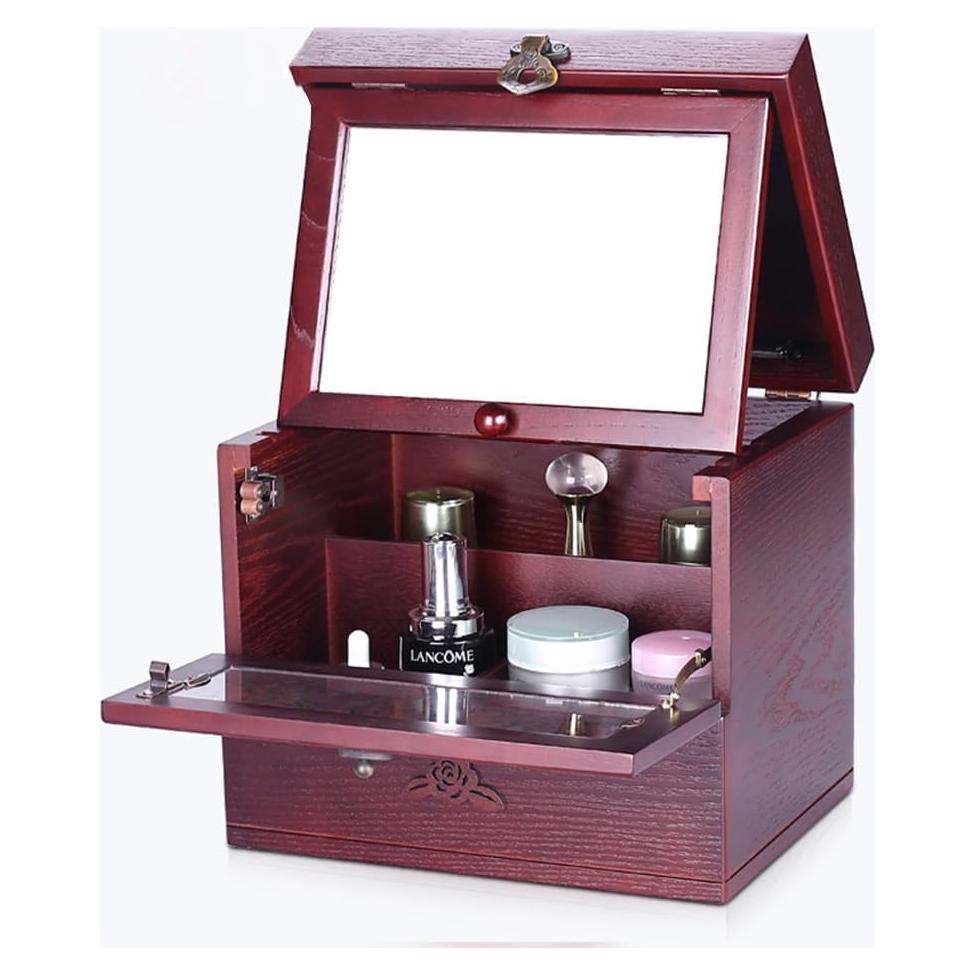 Wooden Makeup Storage Organizer with Mirror for Countertop, Cosmetic Makeup Storage Box, Vanity Display Case for Skincare Perfume Beauty, Multi-Function Cosmetic Storage Box