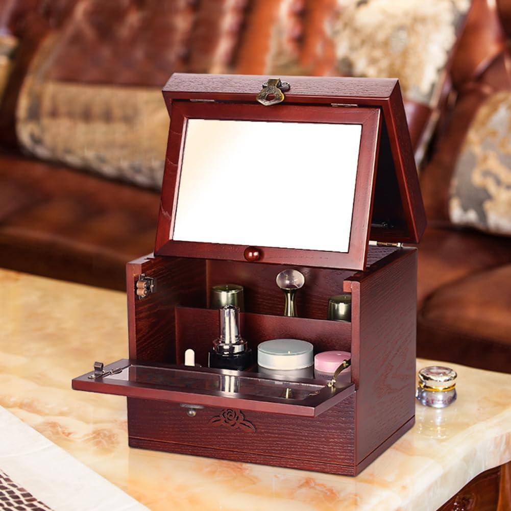 Wooden Makeup Storage Organizer with Mirror for Countertop, Cosmetic Makeup Storage Box, Vanity Display Case for Skincare Perfume Beauty, Multi-Function Cosmetic Storage Box