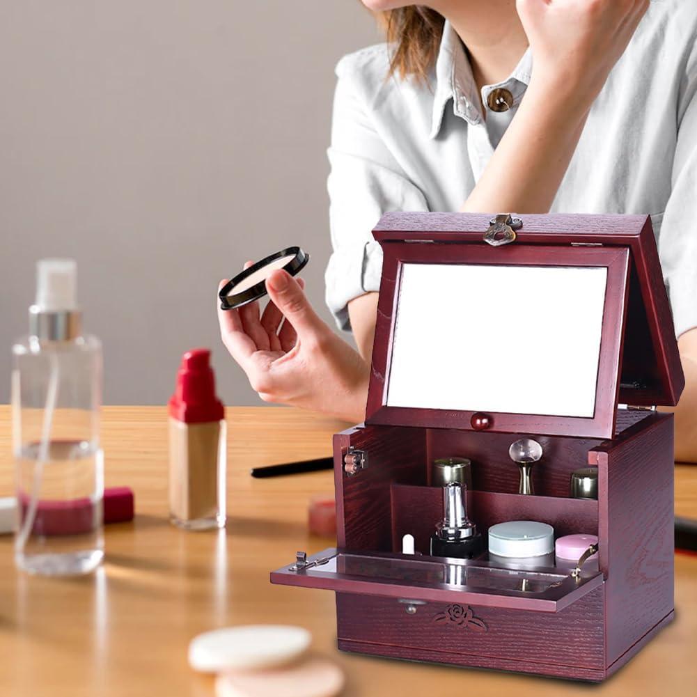 Wooden Makeup Storage Organizer with Mirror for Countertop, Cosmetic Makeup Storage Box, Vanity Display Case for Skincare Perfume Beauty, Multi-Function Cosmetic Storage Box