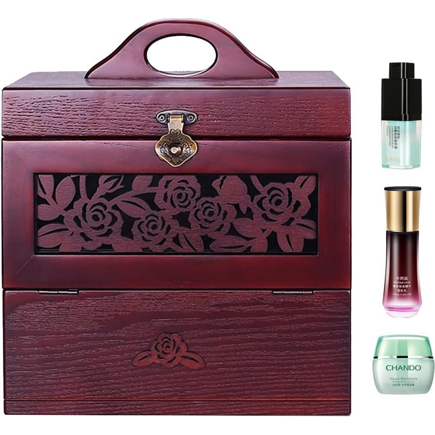 Wooden Makeup Storage Organizer with Mirror for Countertop, Cosmetic Makeup Storage Box, Vanity Display Case for Skincare Perfume Beauty, Multi-Function Cosmetic Storage Box