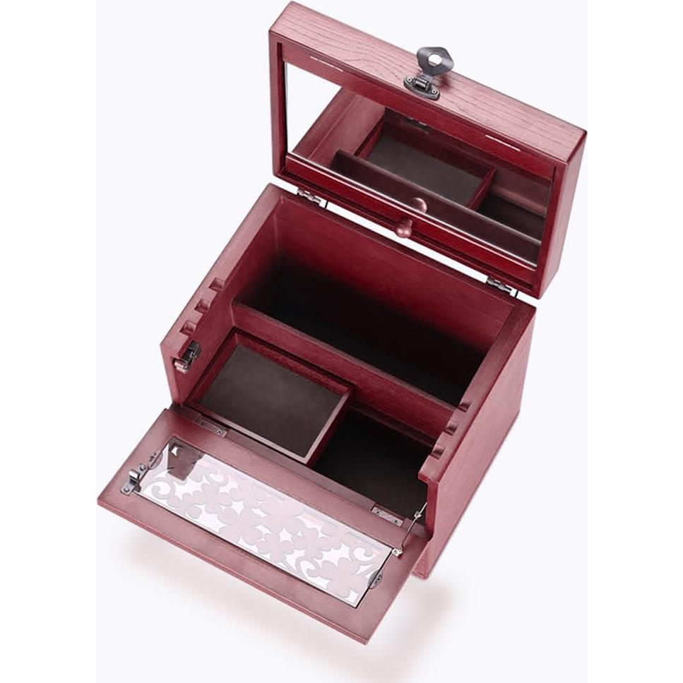 Wooden Makeup Storage Organizer with Mirror for Countertop, Cosmetic Makeup Storage Box, Vanity Display Case for Skincare Perfume Beauty, Multi-Function Cosmetic Storage Box