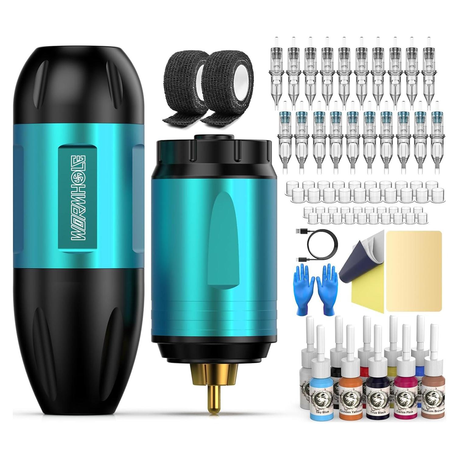 Kit de Tatuaje Inalámbrico Wormhole con 10 Tintas y Agujas