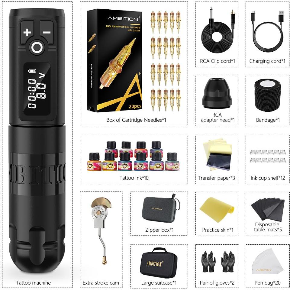 Kit de Tatuaje Ambition Soldier Inalámbrico 20 Agujas