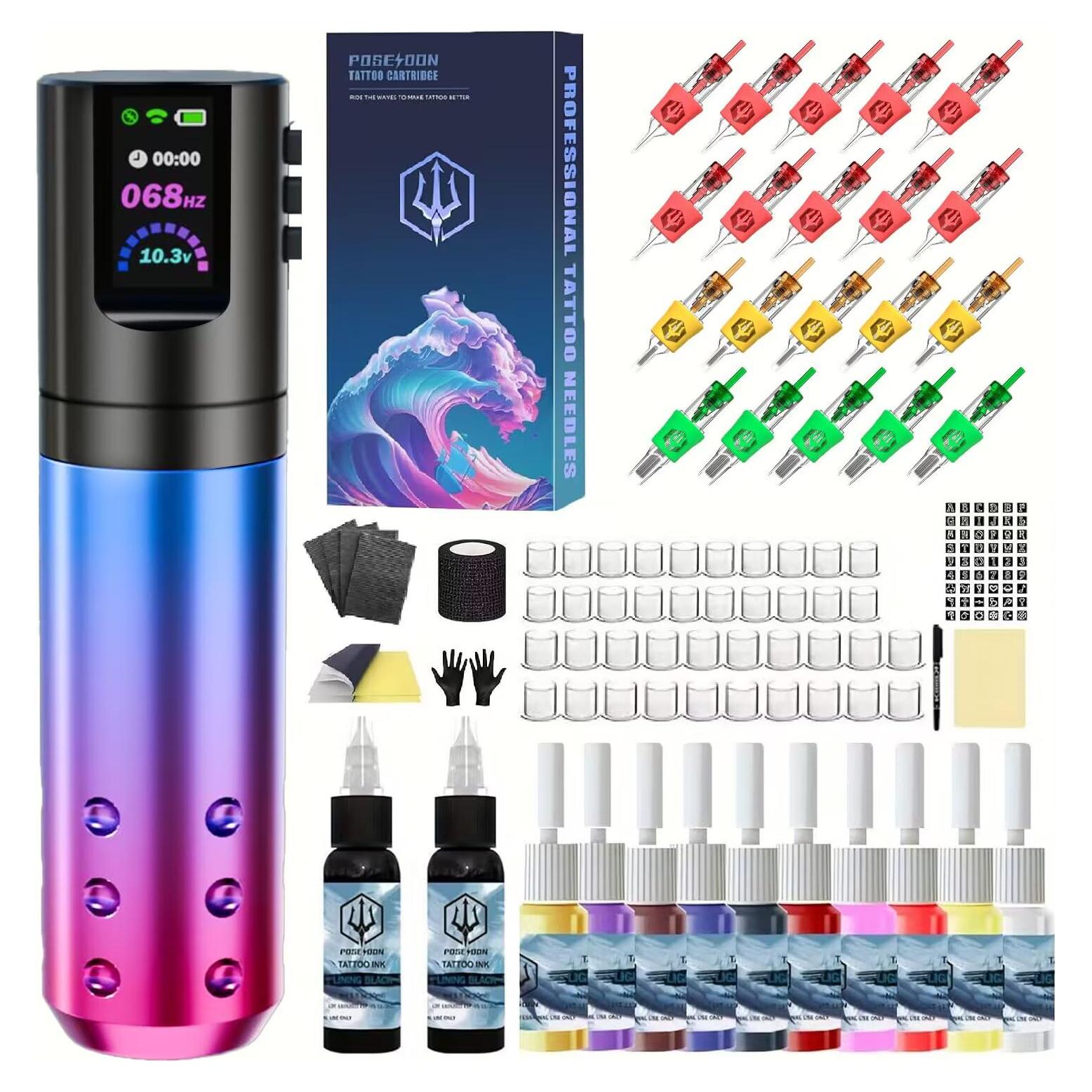 Kit de Tatuaje POSEIDON TK02 Inalámbrico 1800mAh 20 Agujas
