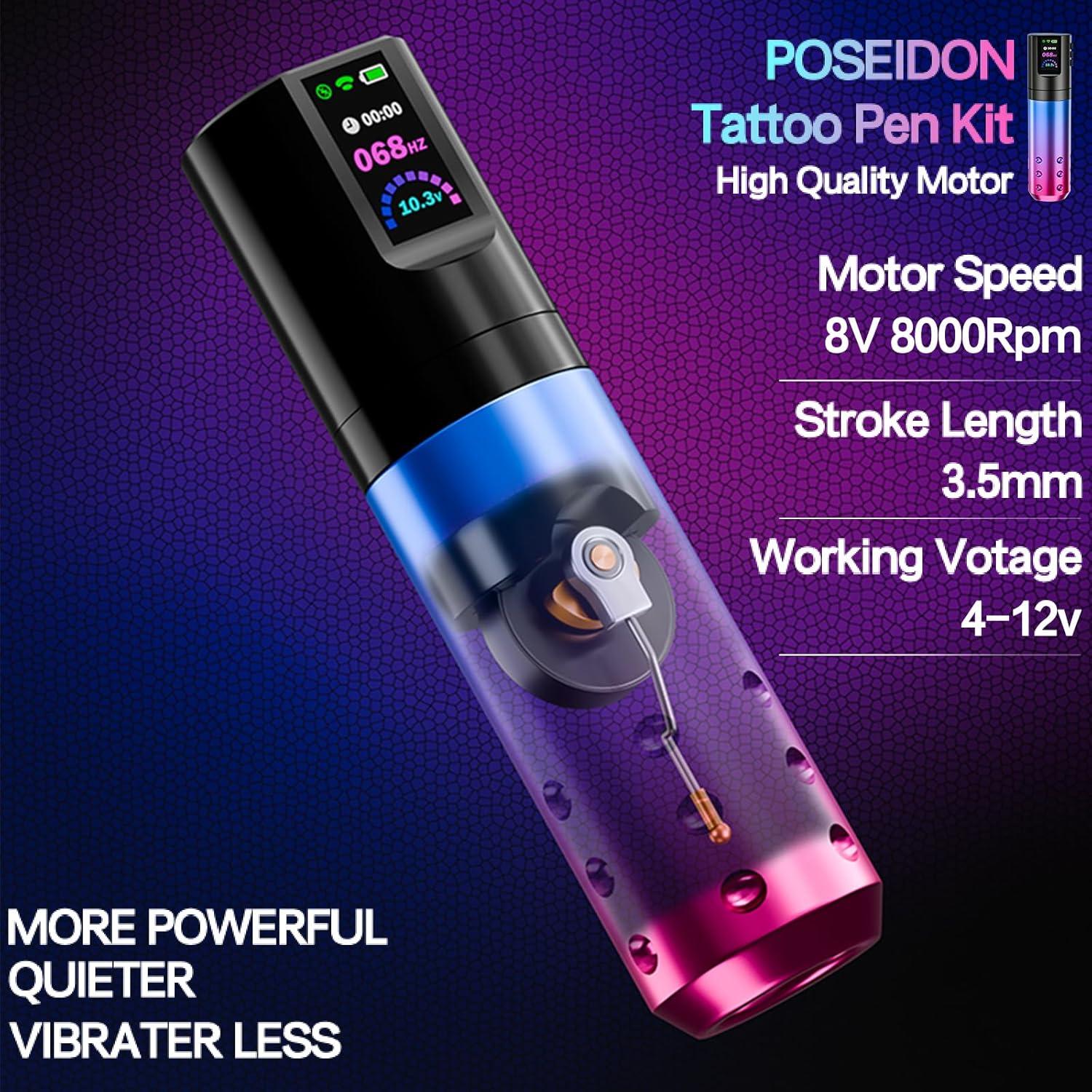 Kit de Tatuaje POSEIDON TK02 Inalámbrico 1800mAh 20 Agujas