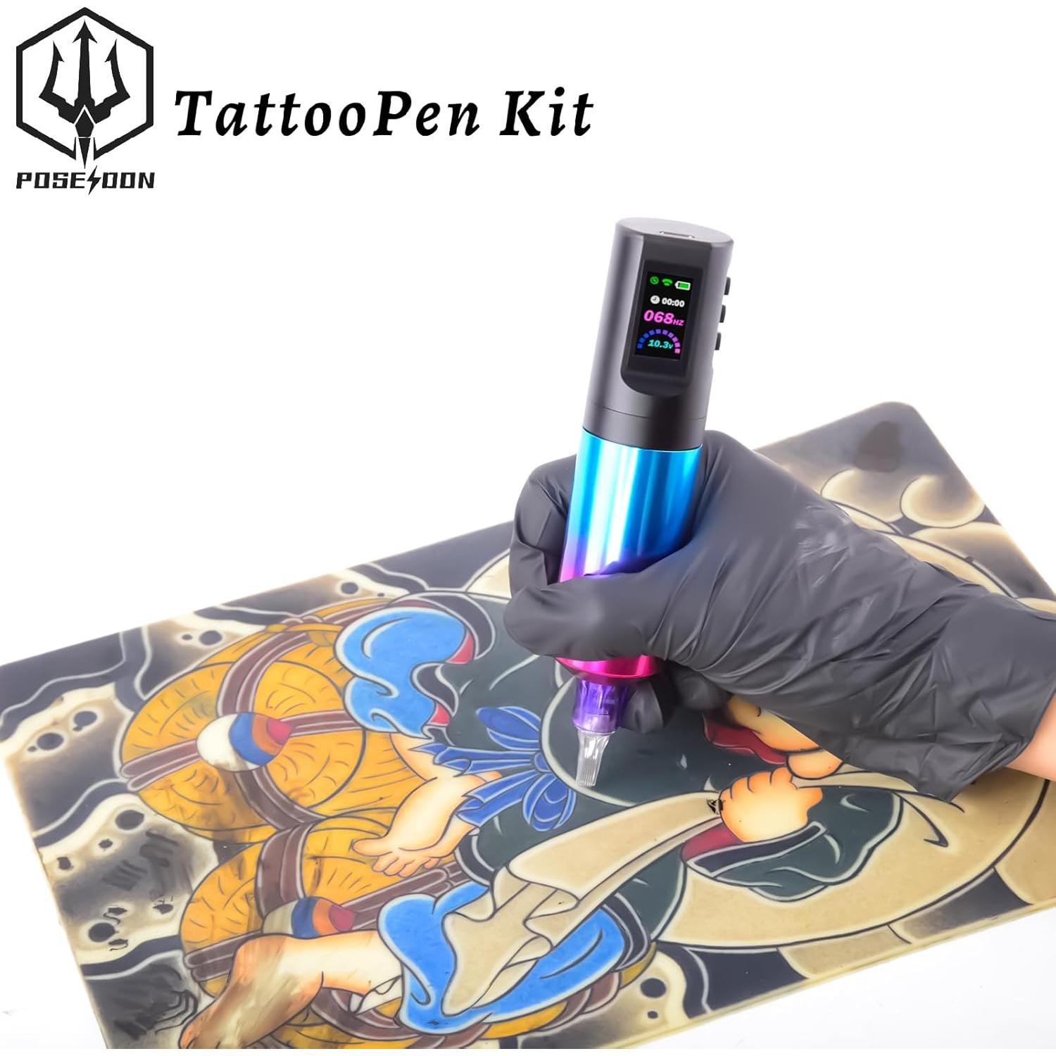 Kit de Tatuaje POSEIDON TK02 Inalámbrico 1800mAh 20 Agujas