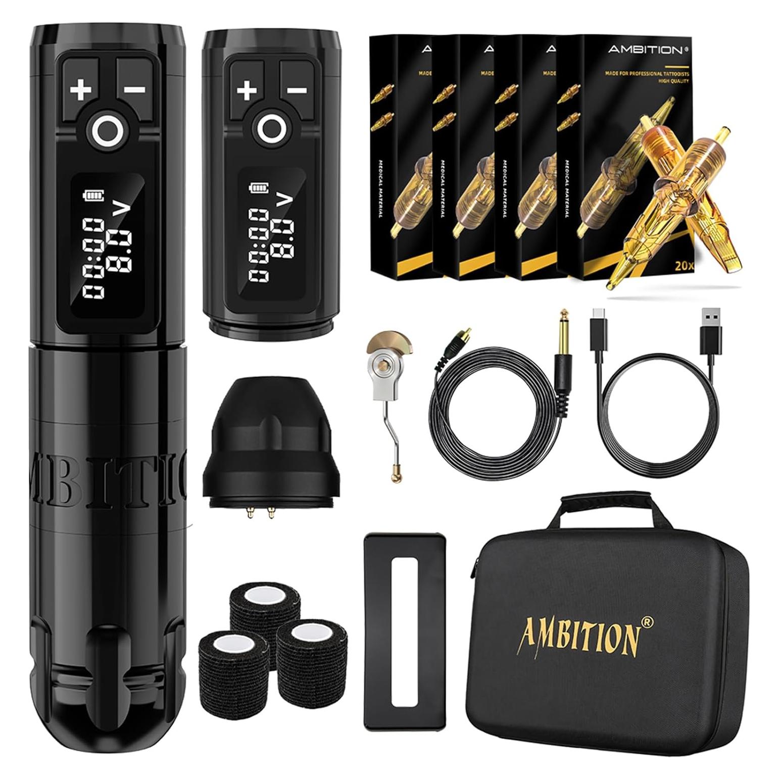 Kit Máquina de Tatuaje Inalámbrica Ambition Completo 80 Agujas