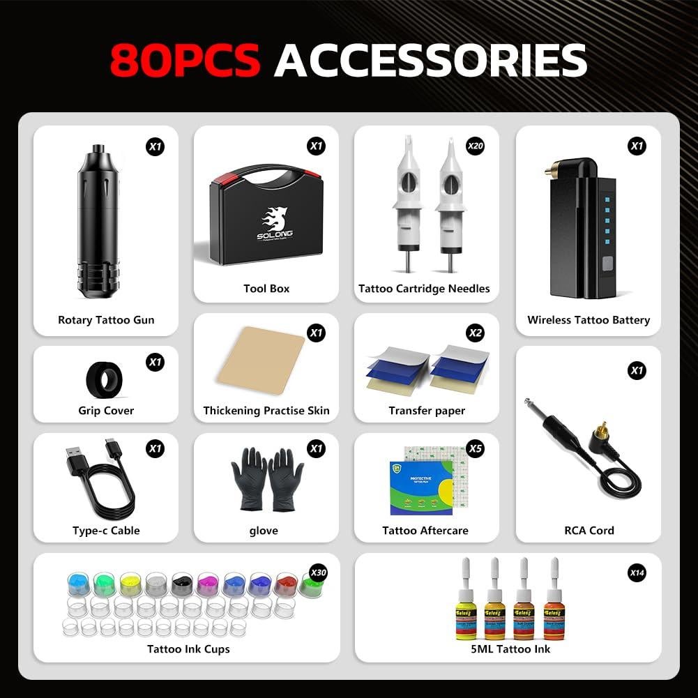 Kit de Tatuaje Solong - Máquina Rotary Pen Inalámbrica