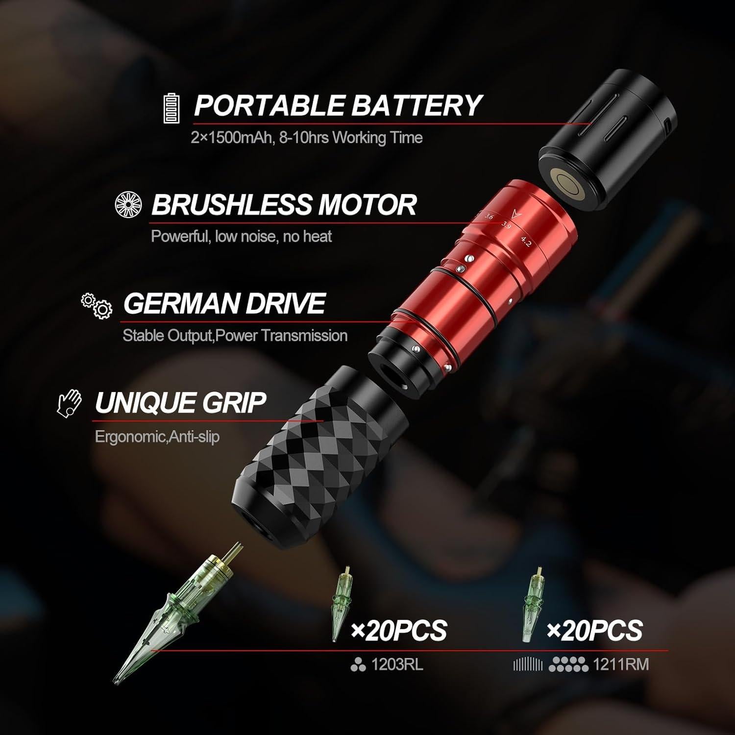 Kit de Tatuaje Inalámbrico Solong E75 2 Baterías 1500mAh