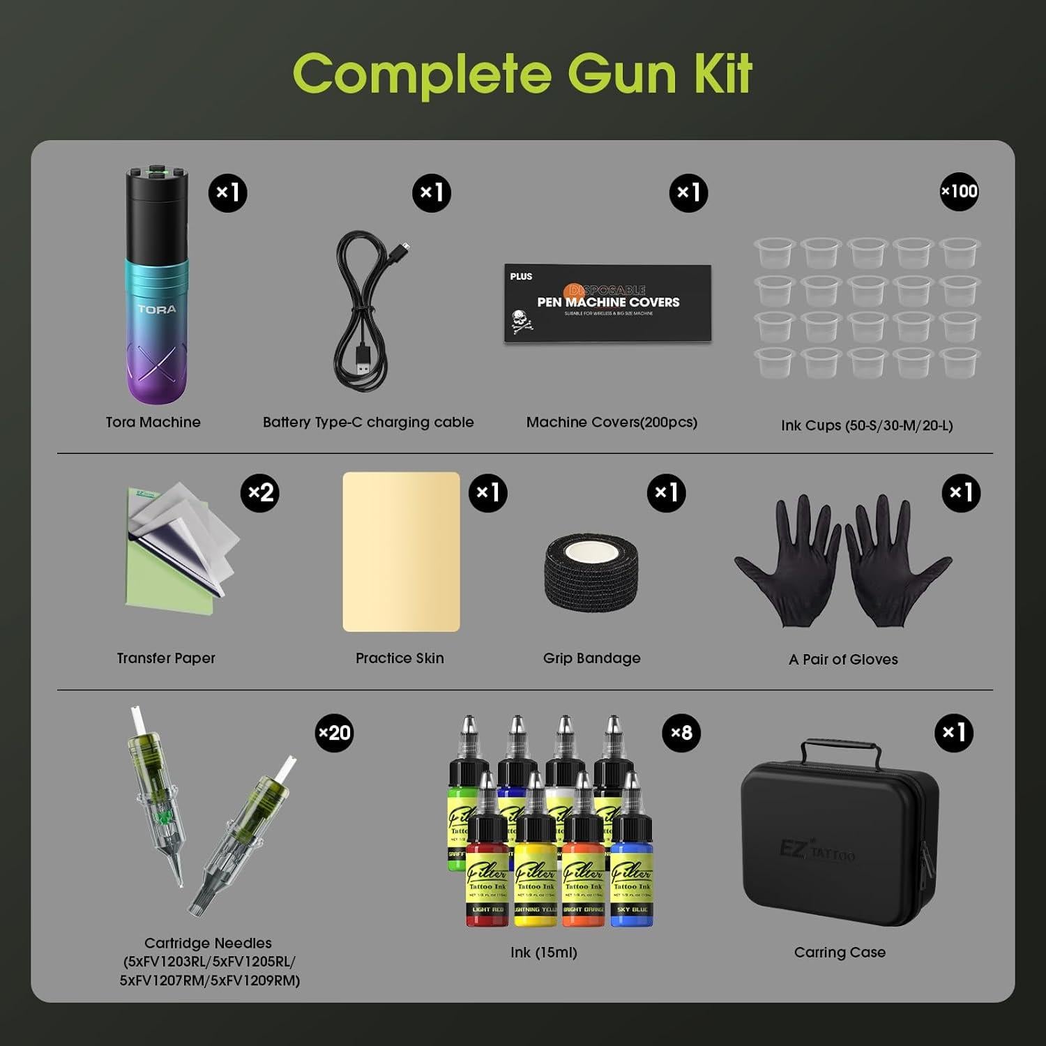 Kit Máquina de Tatuaje Filter Tora - Batería 1600mAh y 20 Agujas