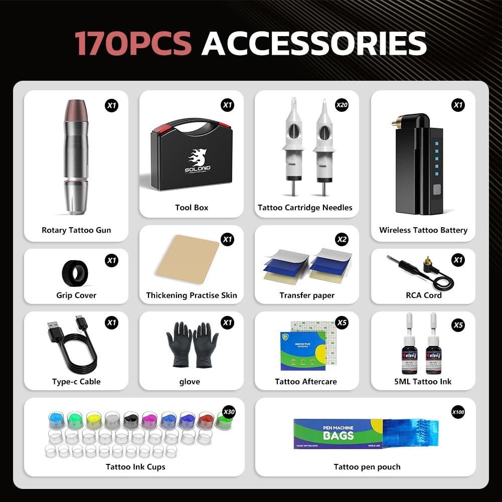 Kit Máquina de Tatuaje Inalámbrica Solong 1500mAH con 20 Agujas
