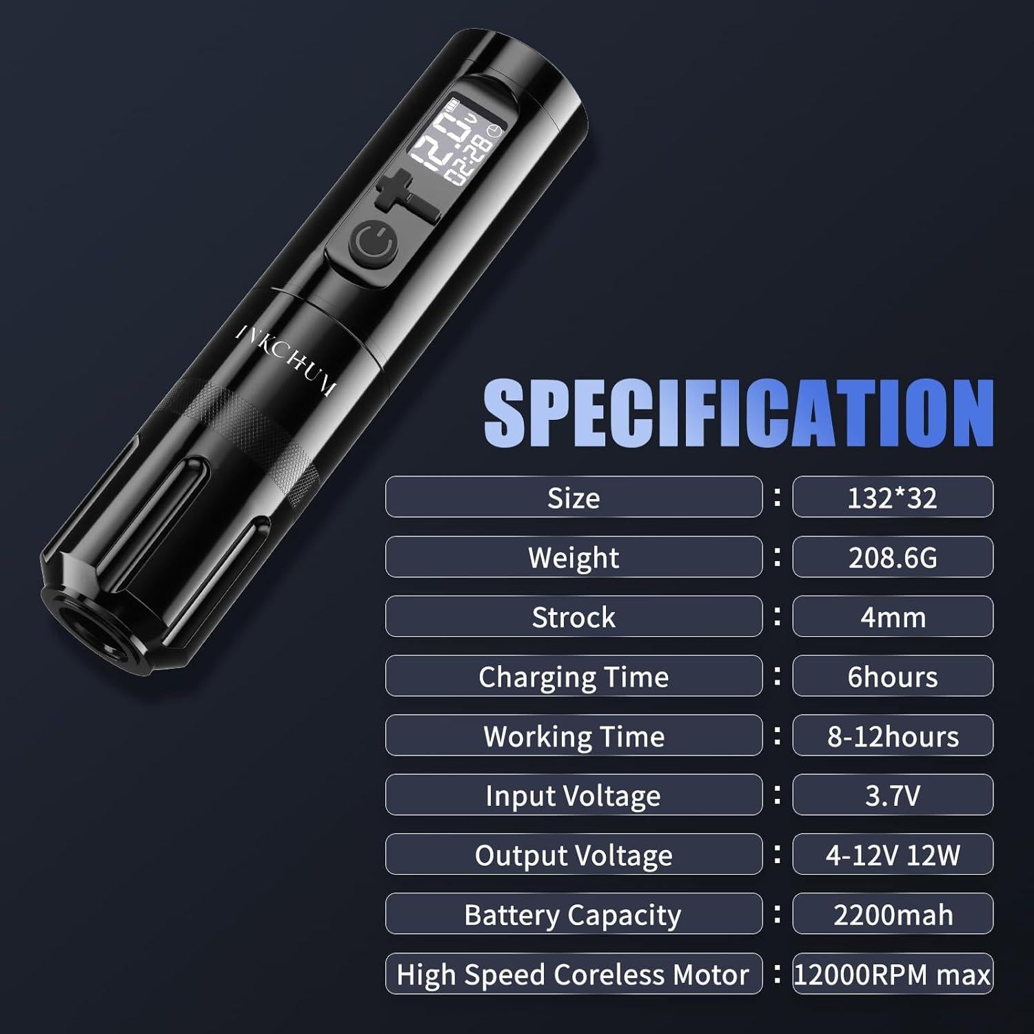 Kit de Tatuaje Inalámbrico INKCHUM con 2 Baterías 2200mAh