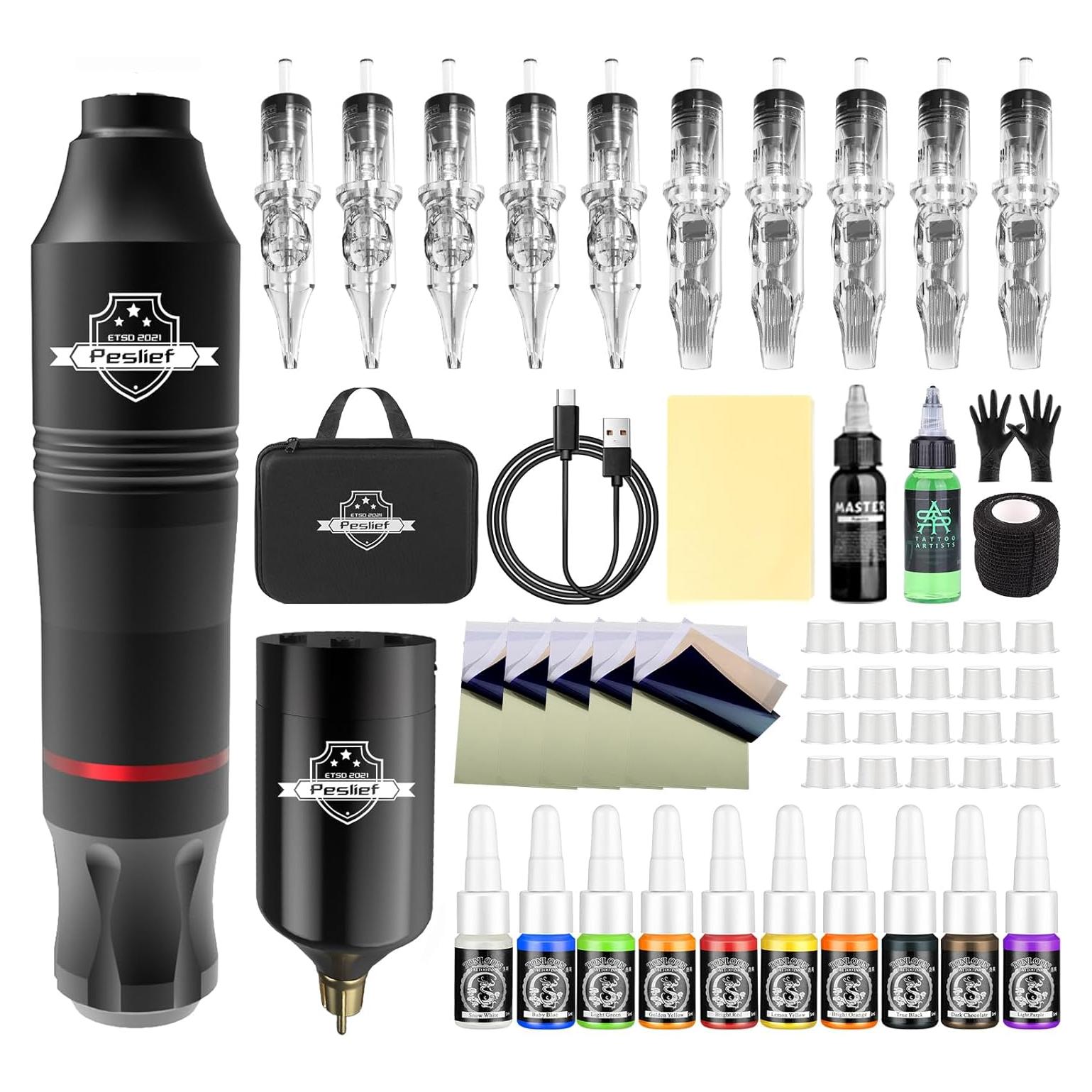 Kit de Tatuaje Rotativa Peslief con 10 Agujas y Tintas