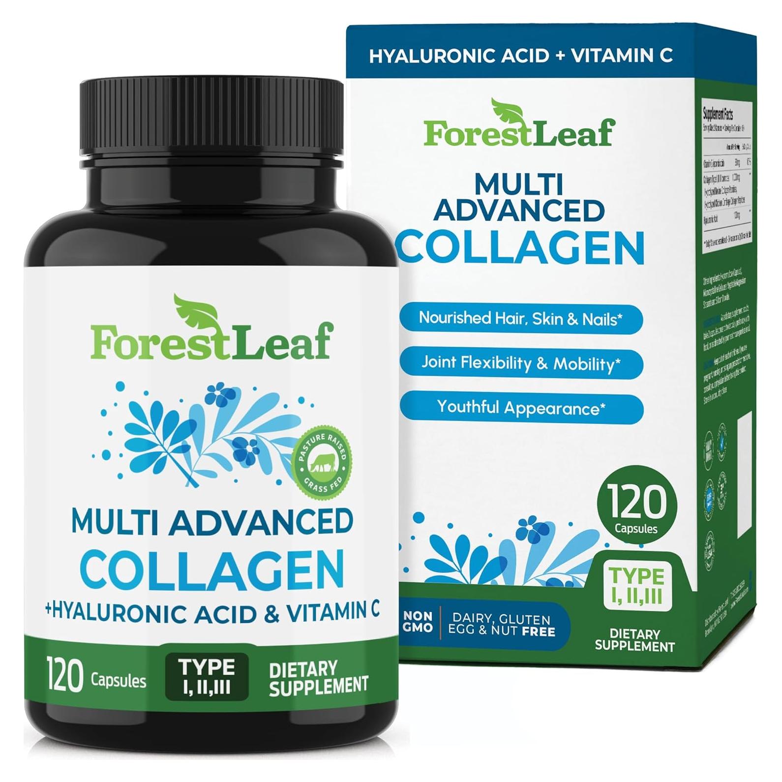 Píldoras de Colágeno Múltiple ForestLeaf 120 Caps con Ácido Hialurónico y Vitamina C