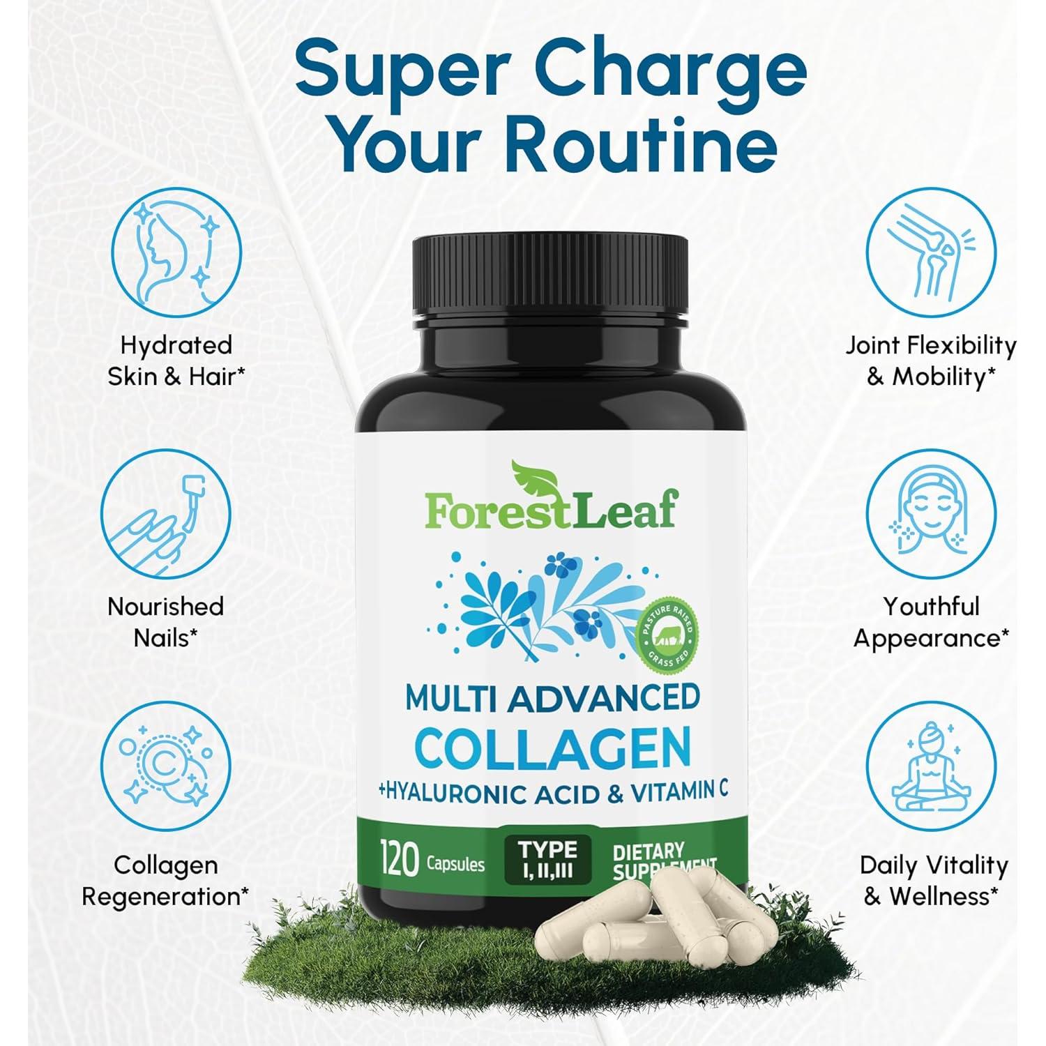 Píldoras de Colágeno Múltiple ForestLeaf 120 Caps con Ácido Hialurónico y Vitamina C
