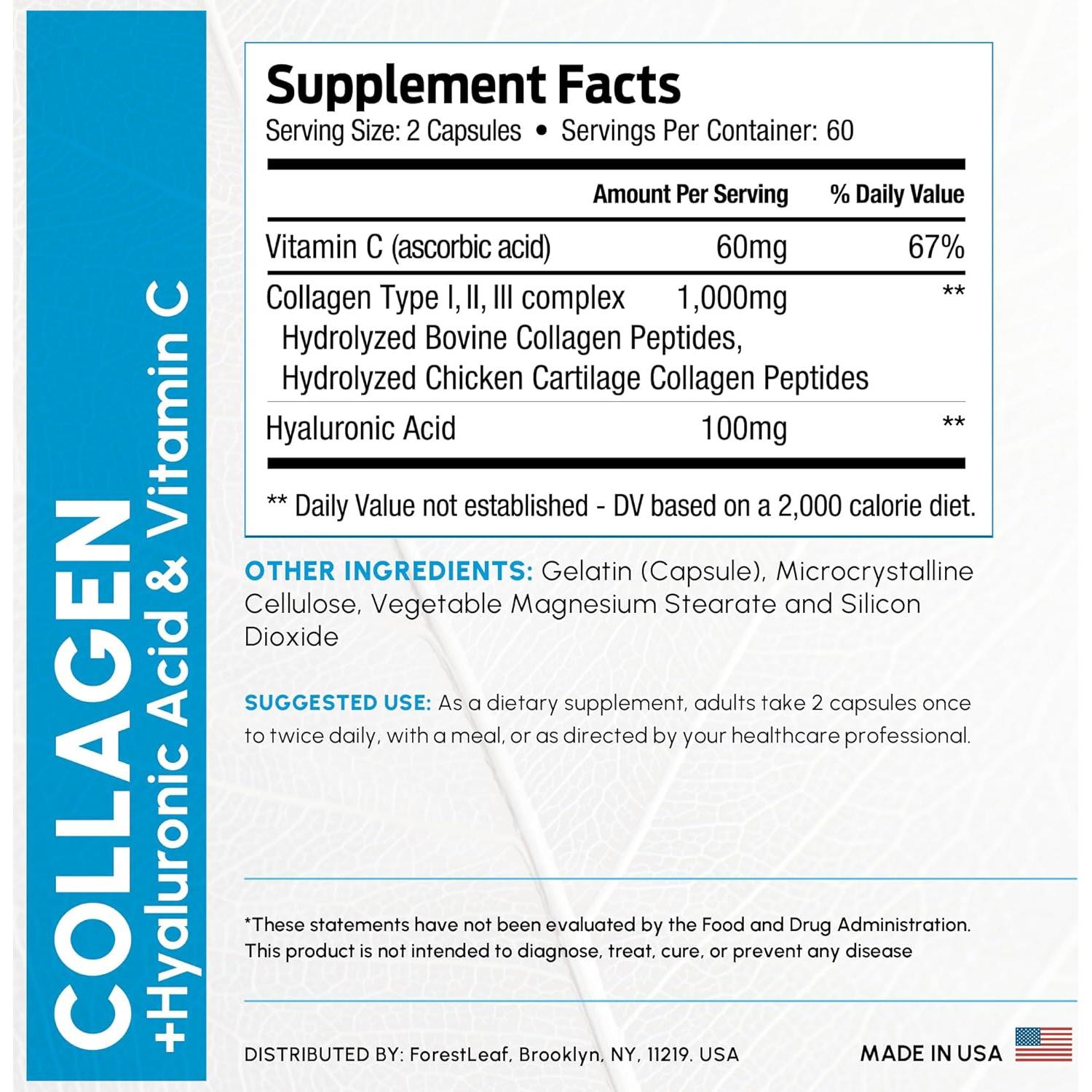 Píldoras de Colágeno Múltiple ForestLeaf 120 Caps con Ácido Hialurónico y Vitamina C