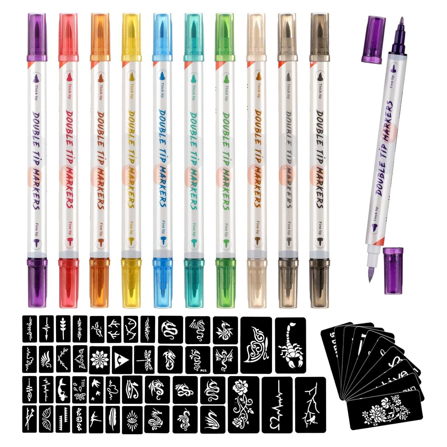 Marcadores de Tatuajes Temporales HAWINK 10 Piezas + 56 Plantillas