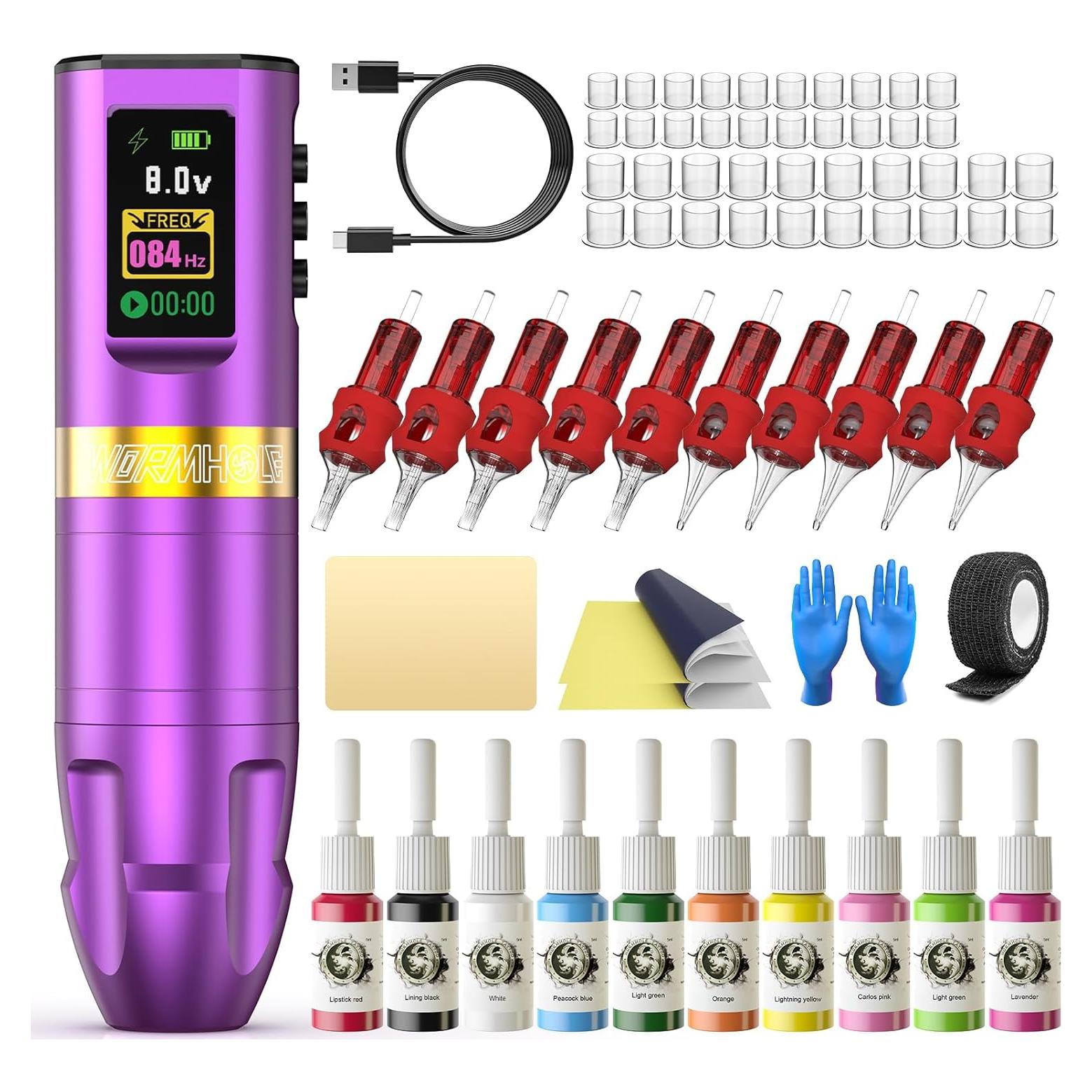 Kit de Tatuaje Inalámbrico Wormhole WTK285 con Agujas y Tinta