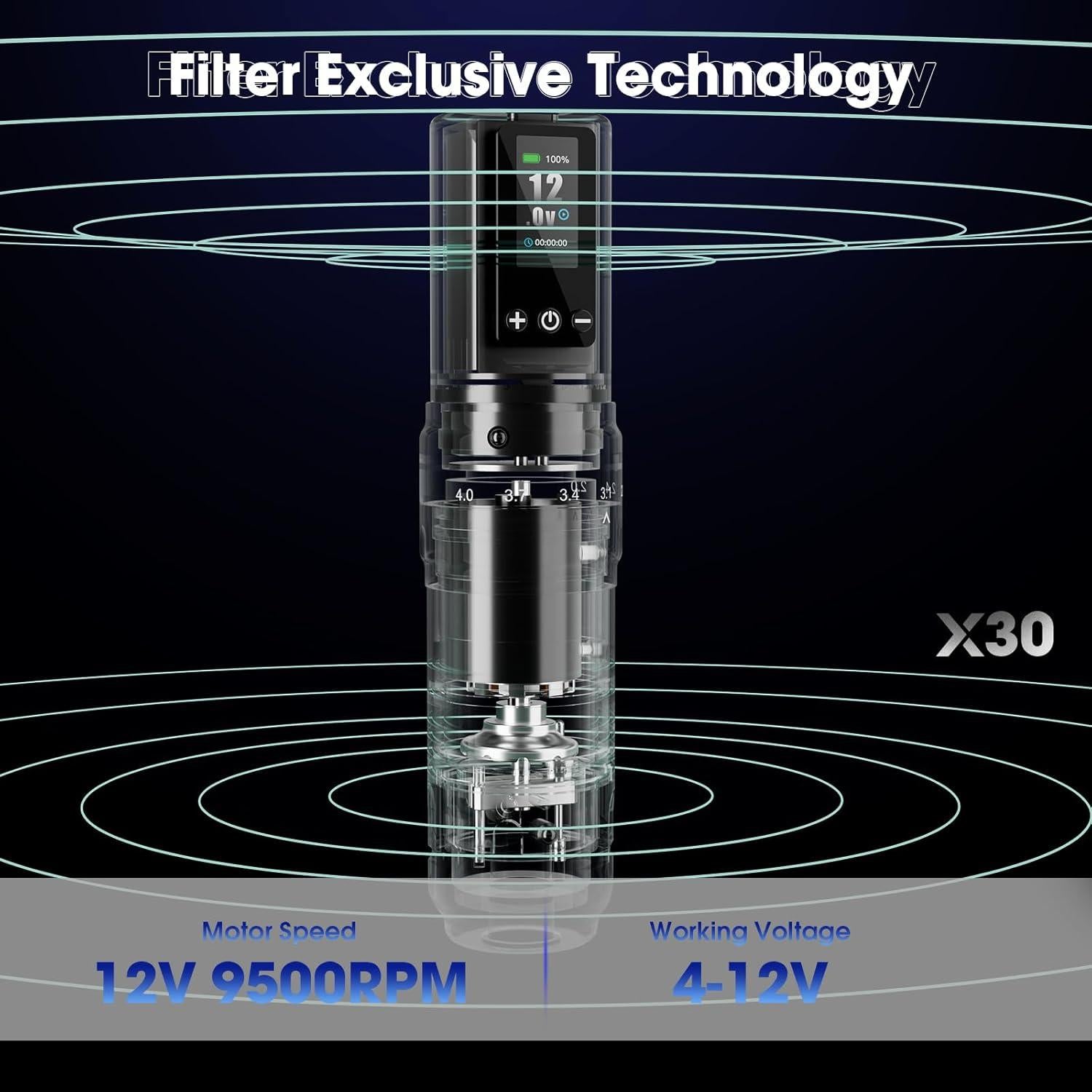 Máquina de Tatuaje Filter X30 7 Golpes 2.0-4.0mm Inalámbrica