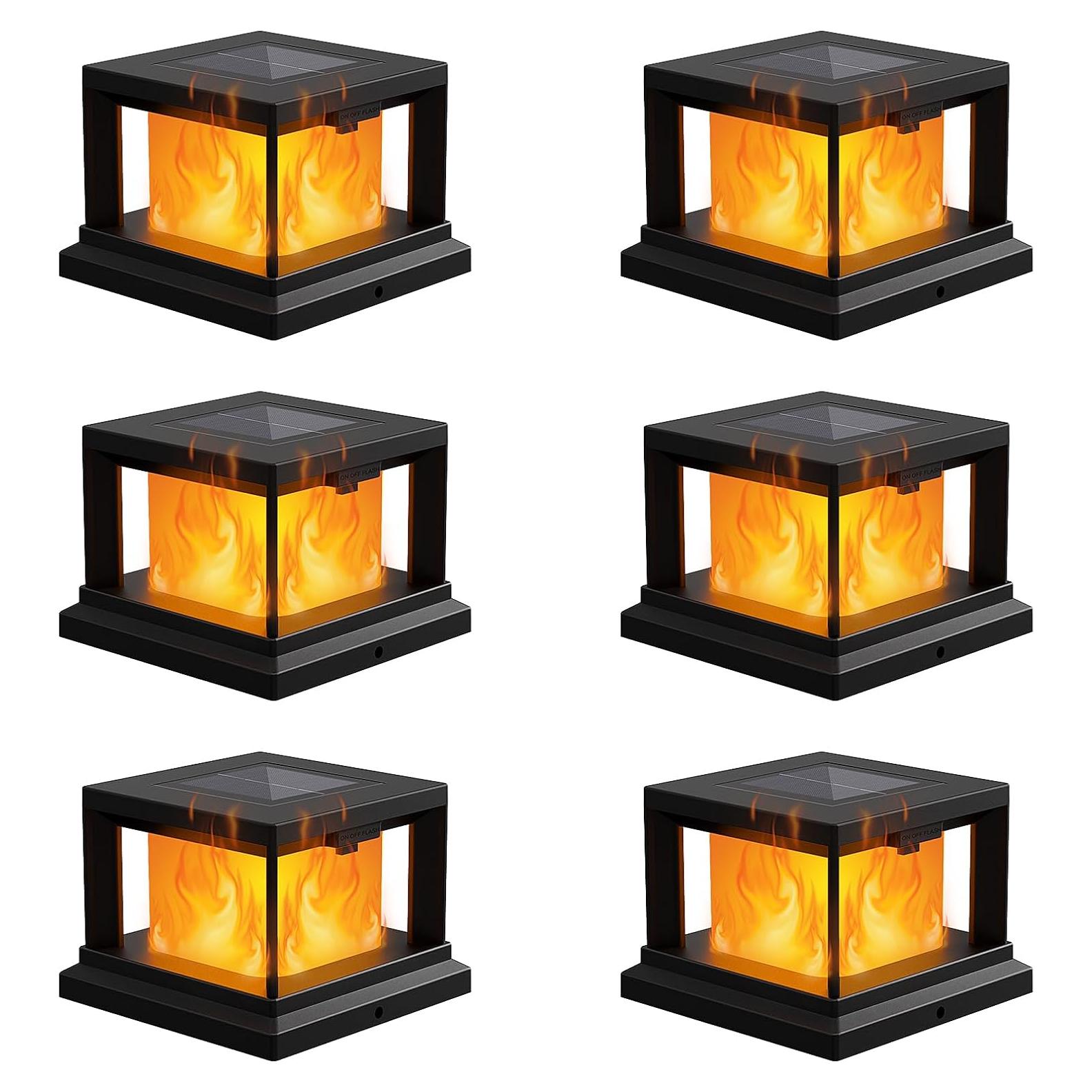 Paquete de 8 Luces Solares LED para Poste 4x4 Negro con Efecto Llama