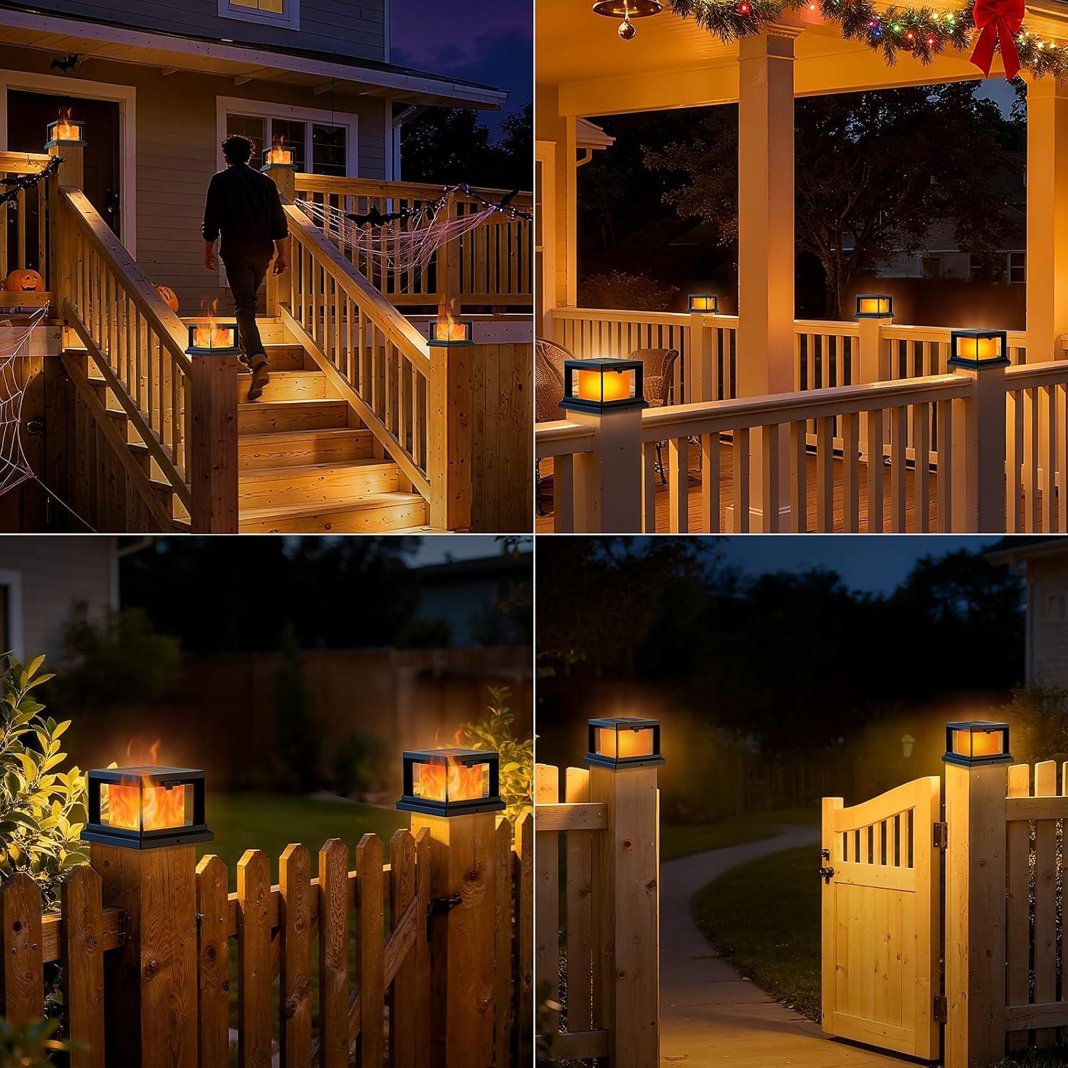 Paquete de 8 Luces Solares LED para Poste 4x4 Negro con Efecto Llama