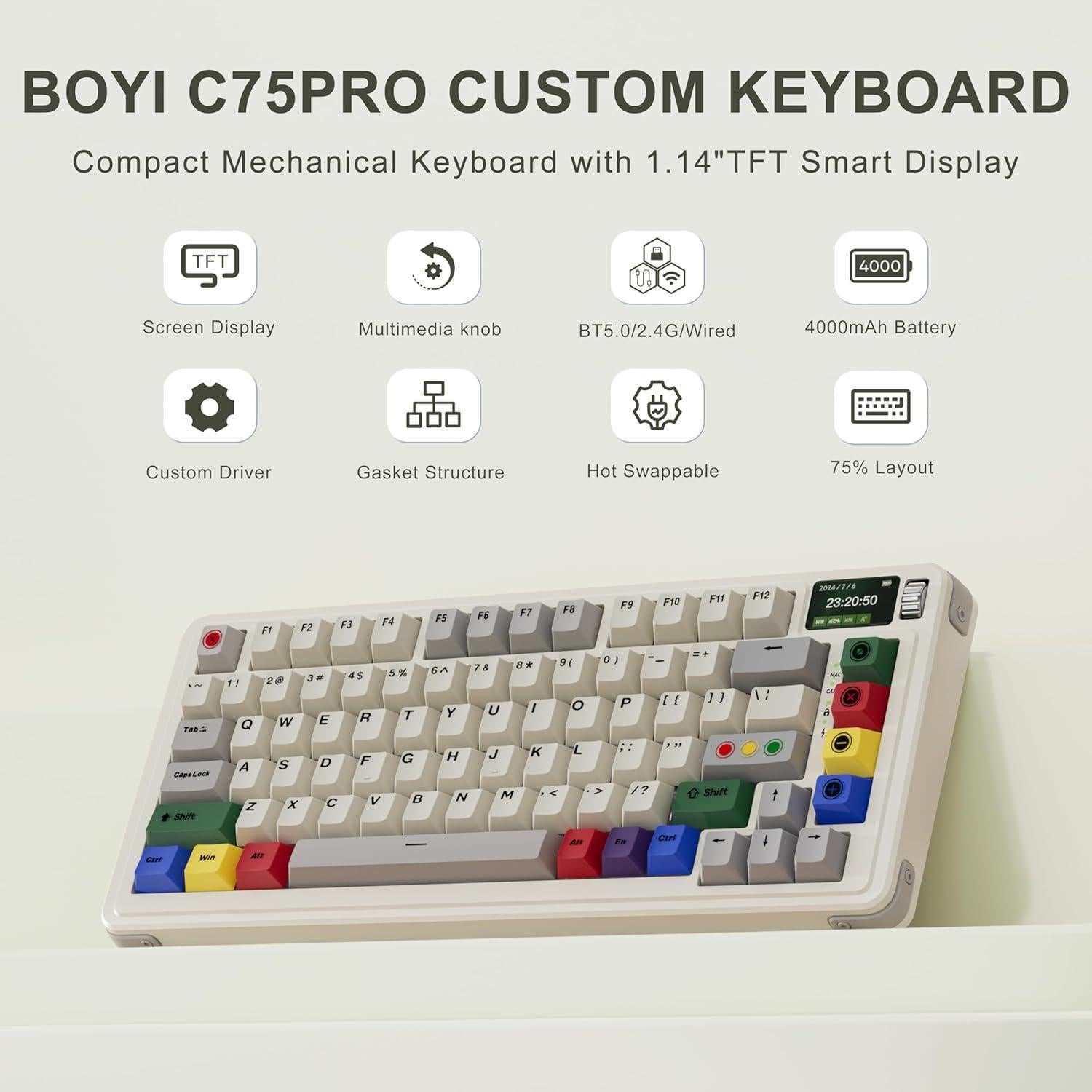 Teclado Mecánico BOYI C75Pro 75% RGB con Pantalla TFT