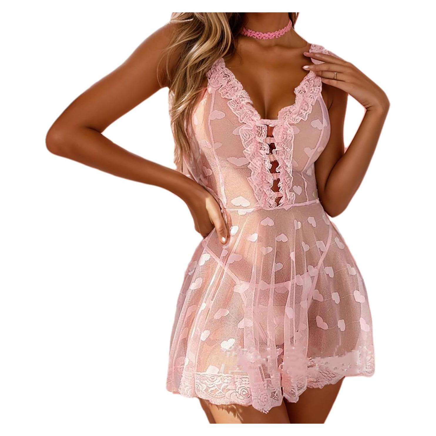 Babydoll de encaje Rosa Bebé para mujeres con volantes