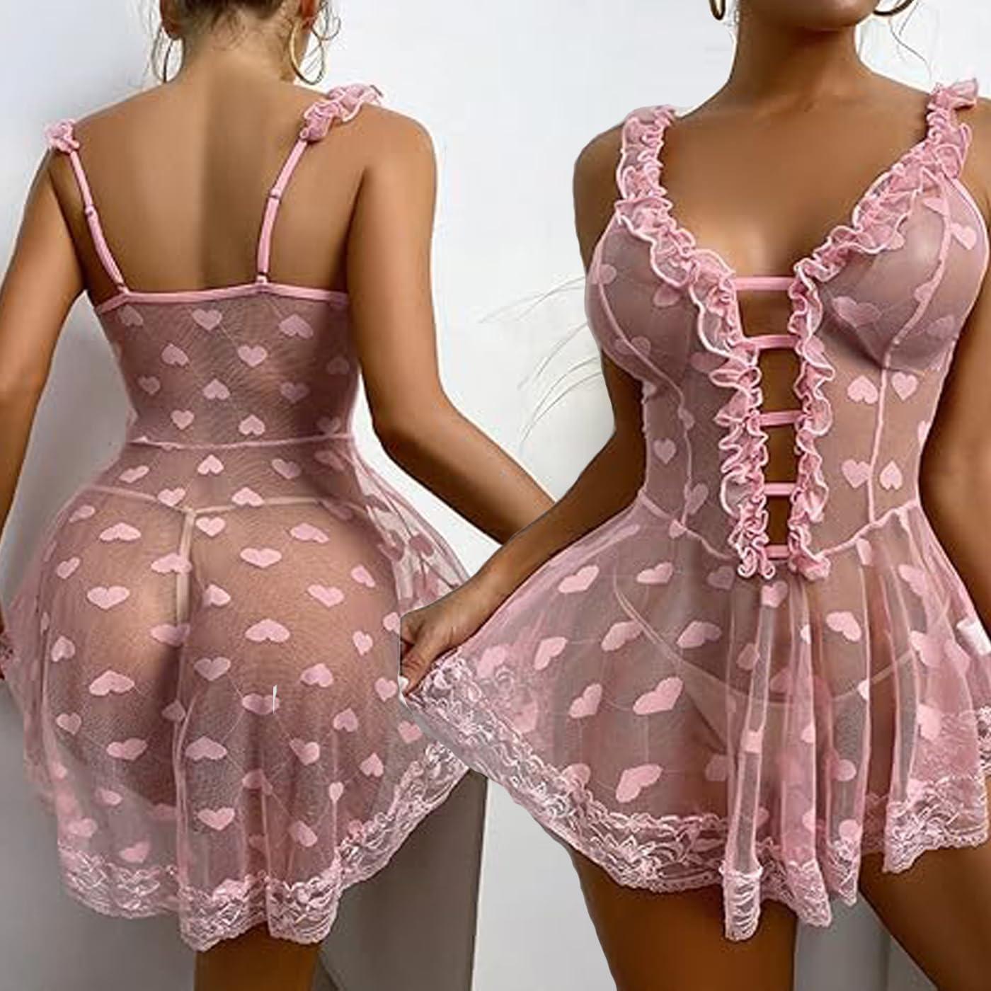 Babydoll de encaje Rosa Bebé para mujeres con volantes