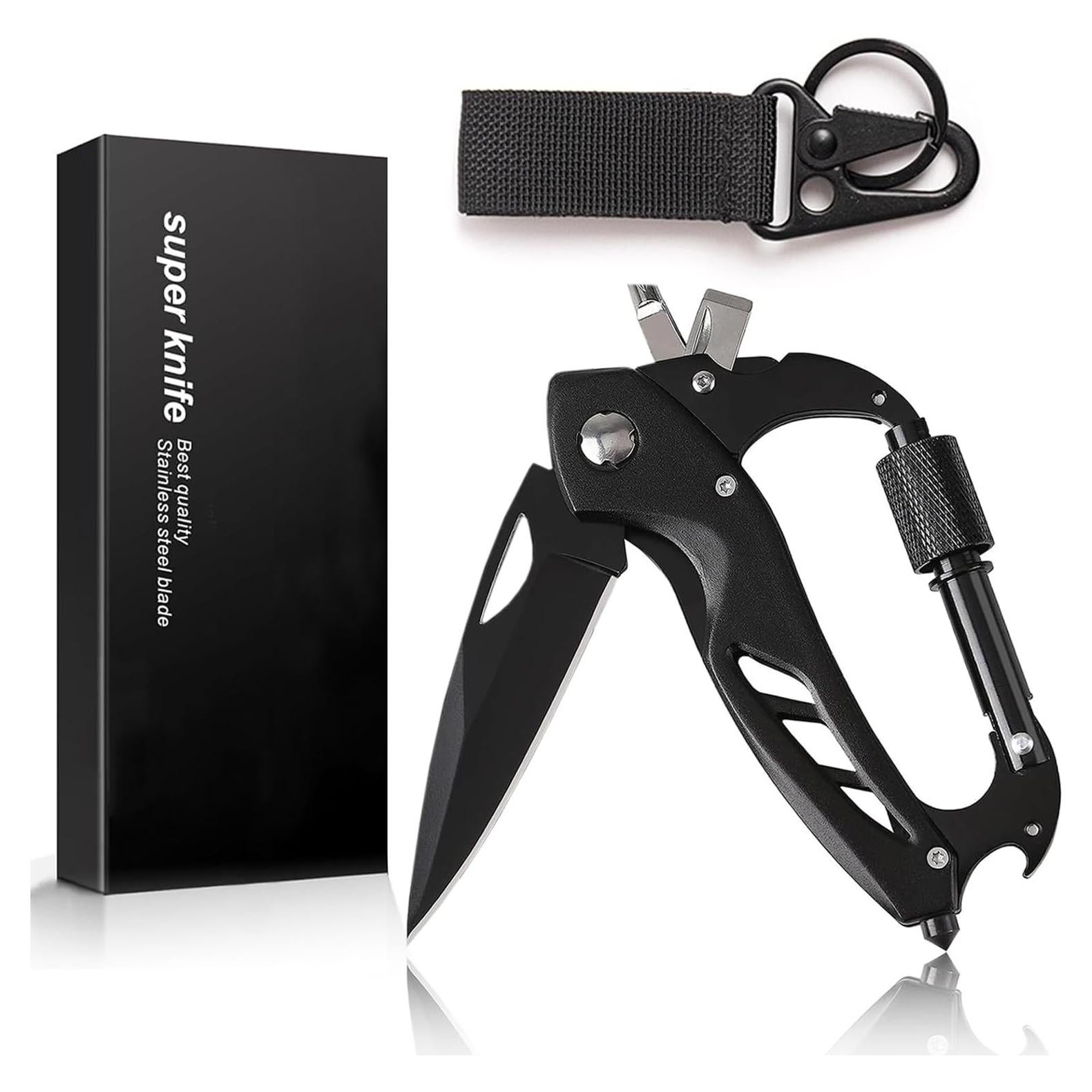 Multitool Carabiner Knife for Men, EDC Keychain with Folding Pocket Knives, Carabiner Clip, Bottle Opener, Window Breaker and Screwdriver, Survival Gear/Gadget for Camping Hiking