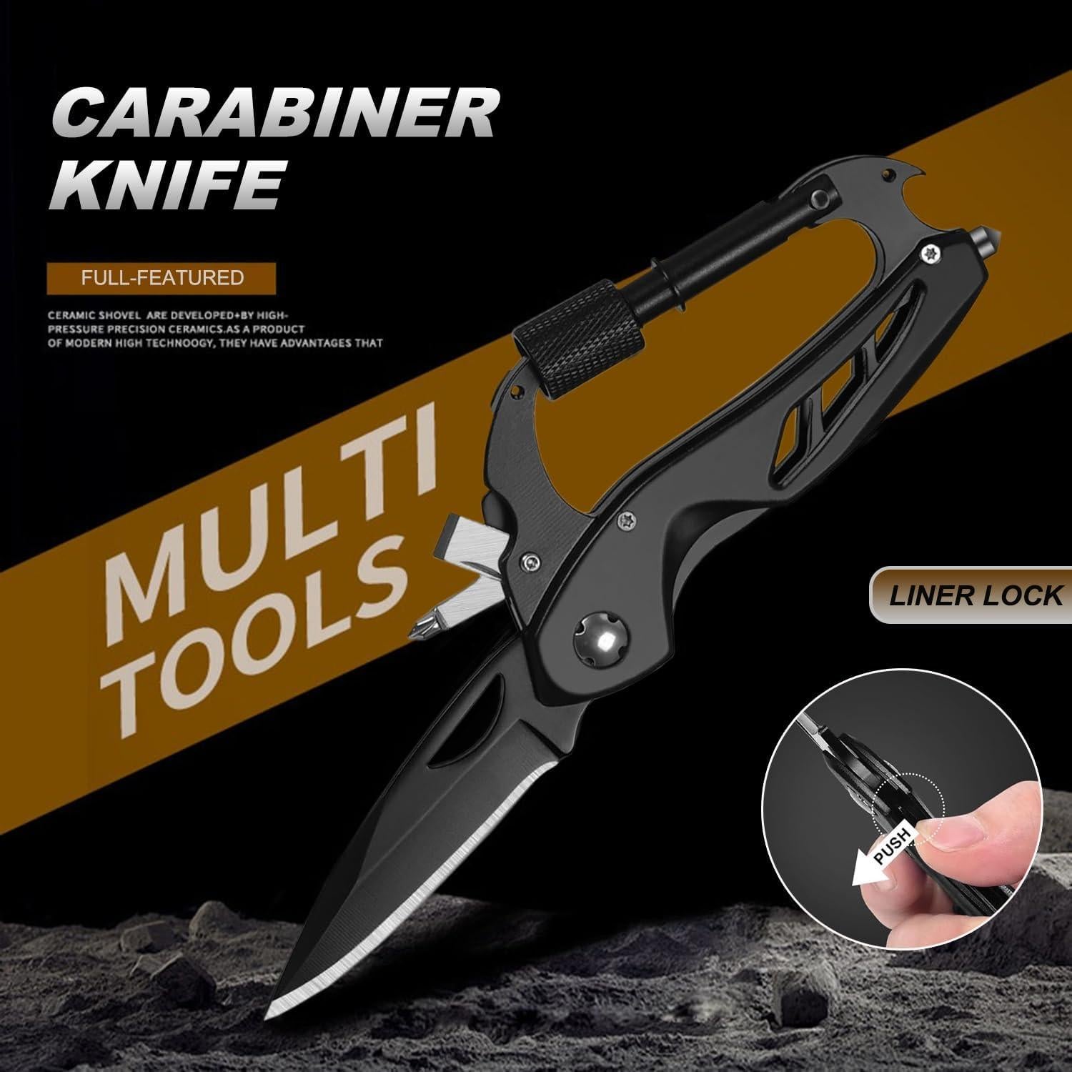 Multitool Carabiner Knife for Men, EDC Keychain with Folding Pocket Knives, Carabiner Clip, Bottle Opener, Window Breaker and Screwdriver, Survival Gear/Gadget for Camping Hiking