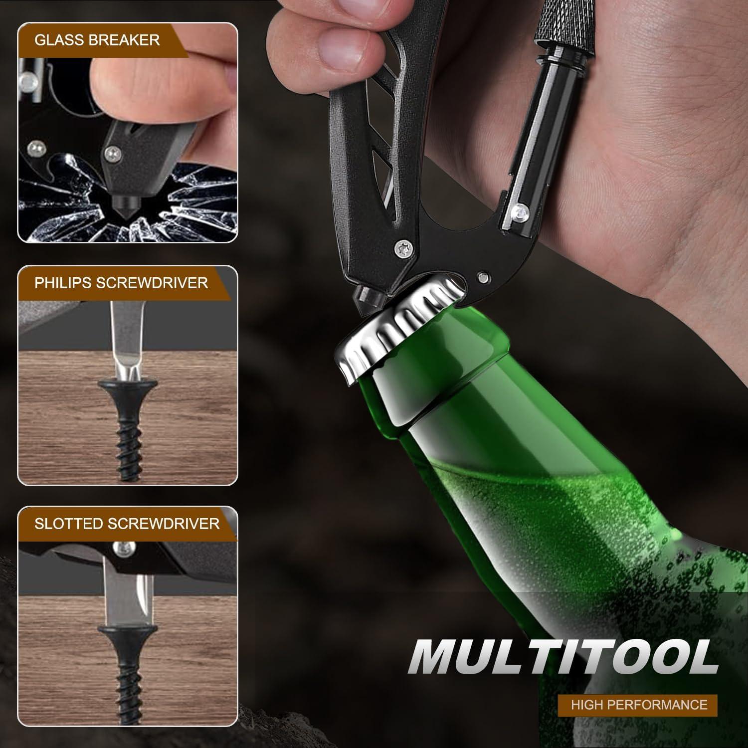 Multitool Carabiner Knife for Men, EDC Keychain with Folding Pocket Knives, Carabiner Clip, Bottle Opener, Window Breaker and Screwdriver, Survival Gear/Gadget for Camping Hiking