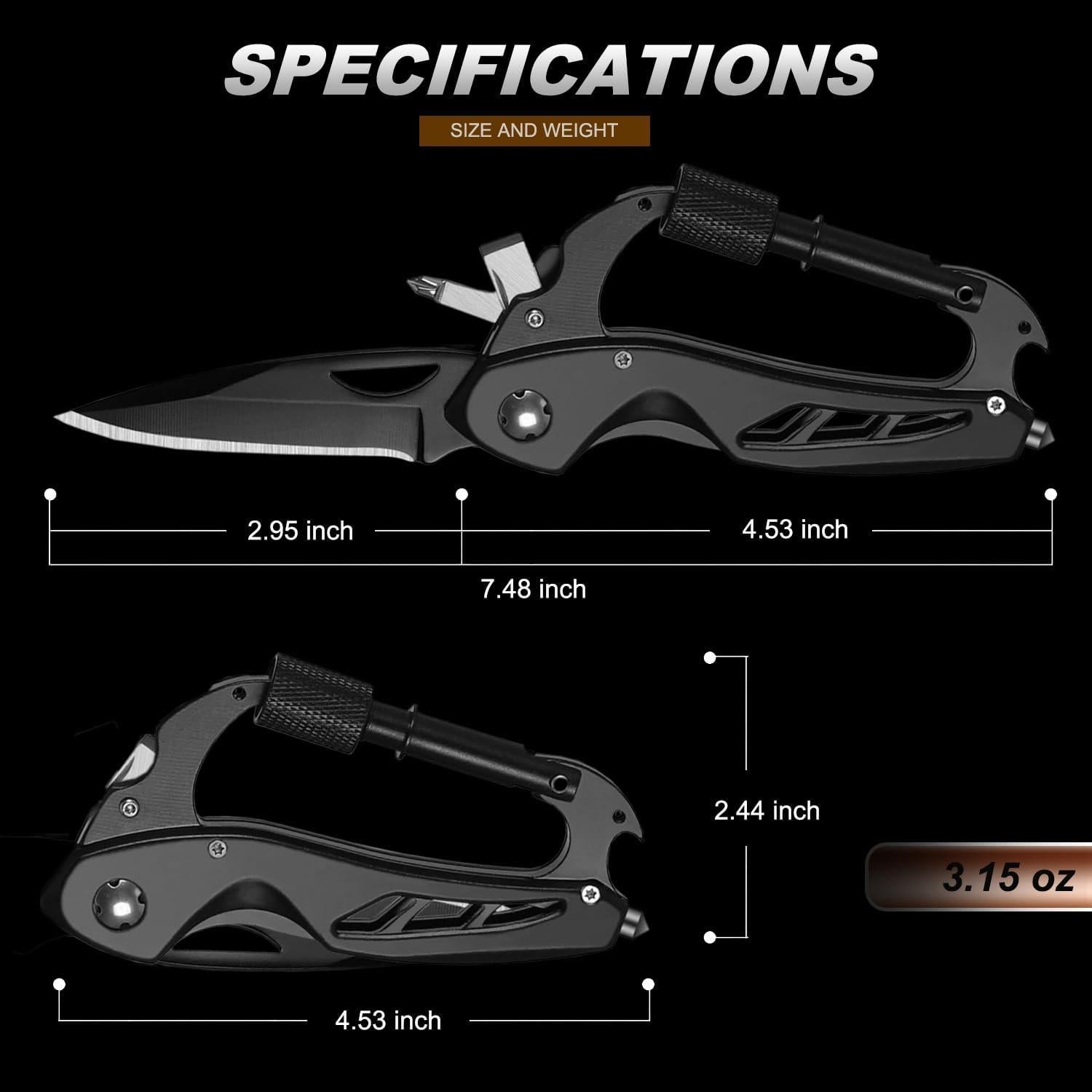 Multitool Carabiner Knife for Men, EDC Keychain with Folding Pocket Knives, Carabiner Clip, Bottle Opener, Window Breaker and Screwdriver, Survival Gear/Gadget for Camping Hiking