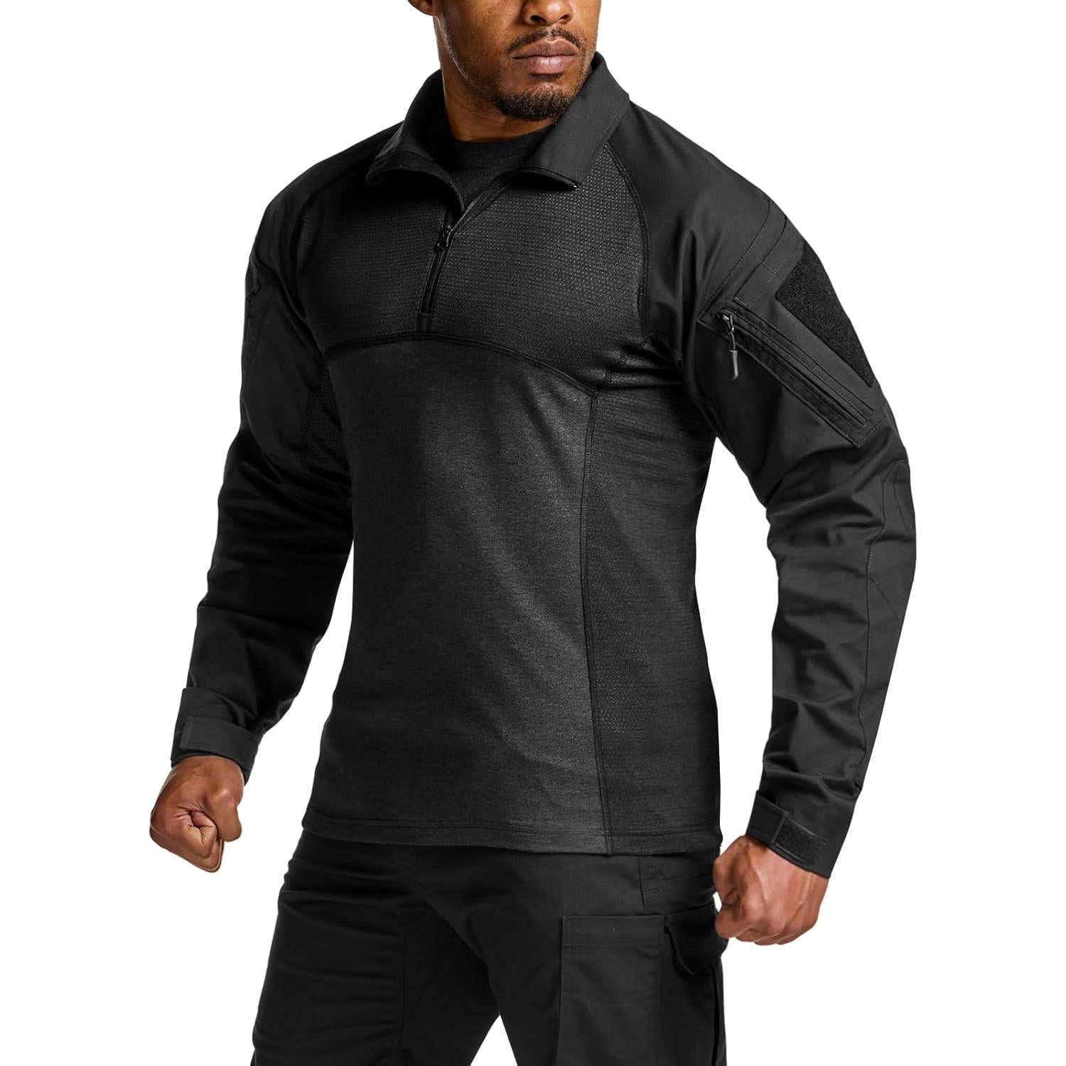 Men's Combat Shirt Tactical 1/4 Zip Long Sleeve Military BDU Shirts Camo EDC Top with Pockets