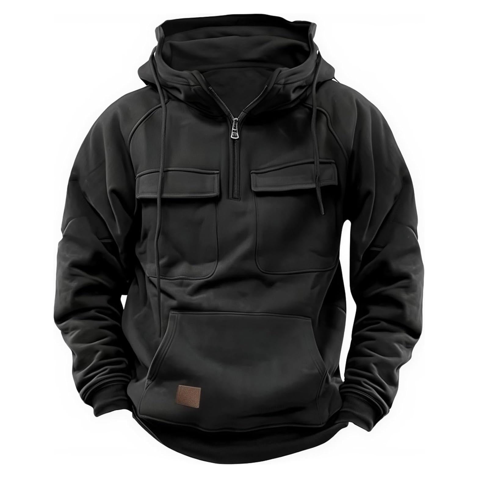 Cargo Hoodies for Men Tactical Sweatshirt Quarter Zip Cargo Pullover Hoodies Workout Gym Men Fashion Outdoor Hoodie