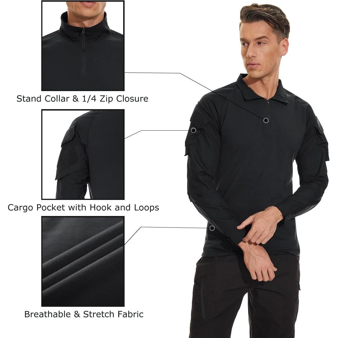 Men's Tactical Shirt Long Sleeve Combat Shirt 1/4 Zip with Pockets Military Army Paintball Airsoft Breathable